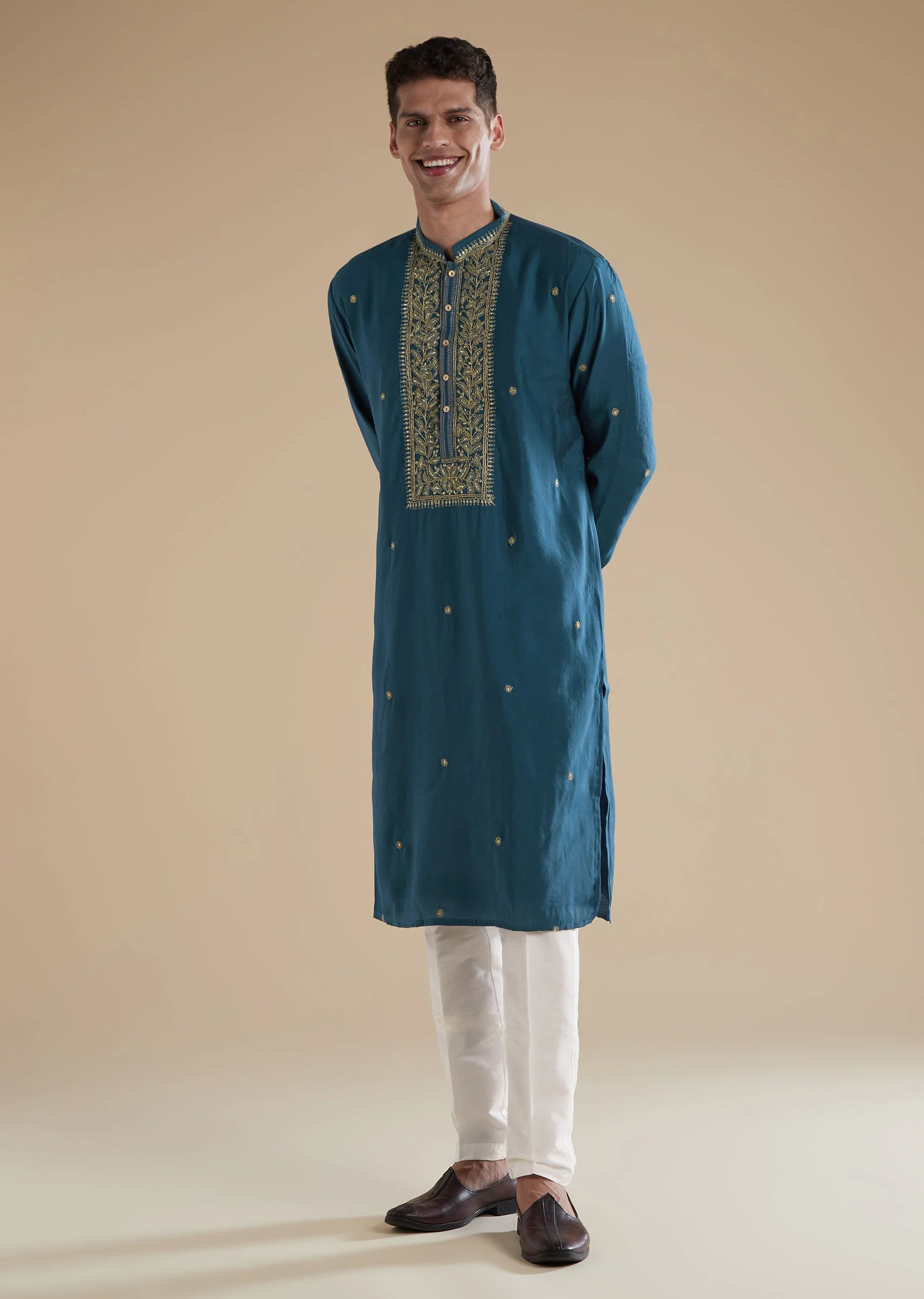 Teal Blue Kurta Set With Thread And Resham Detail - Image 2