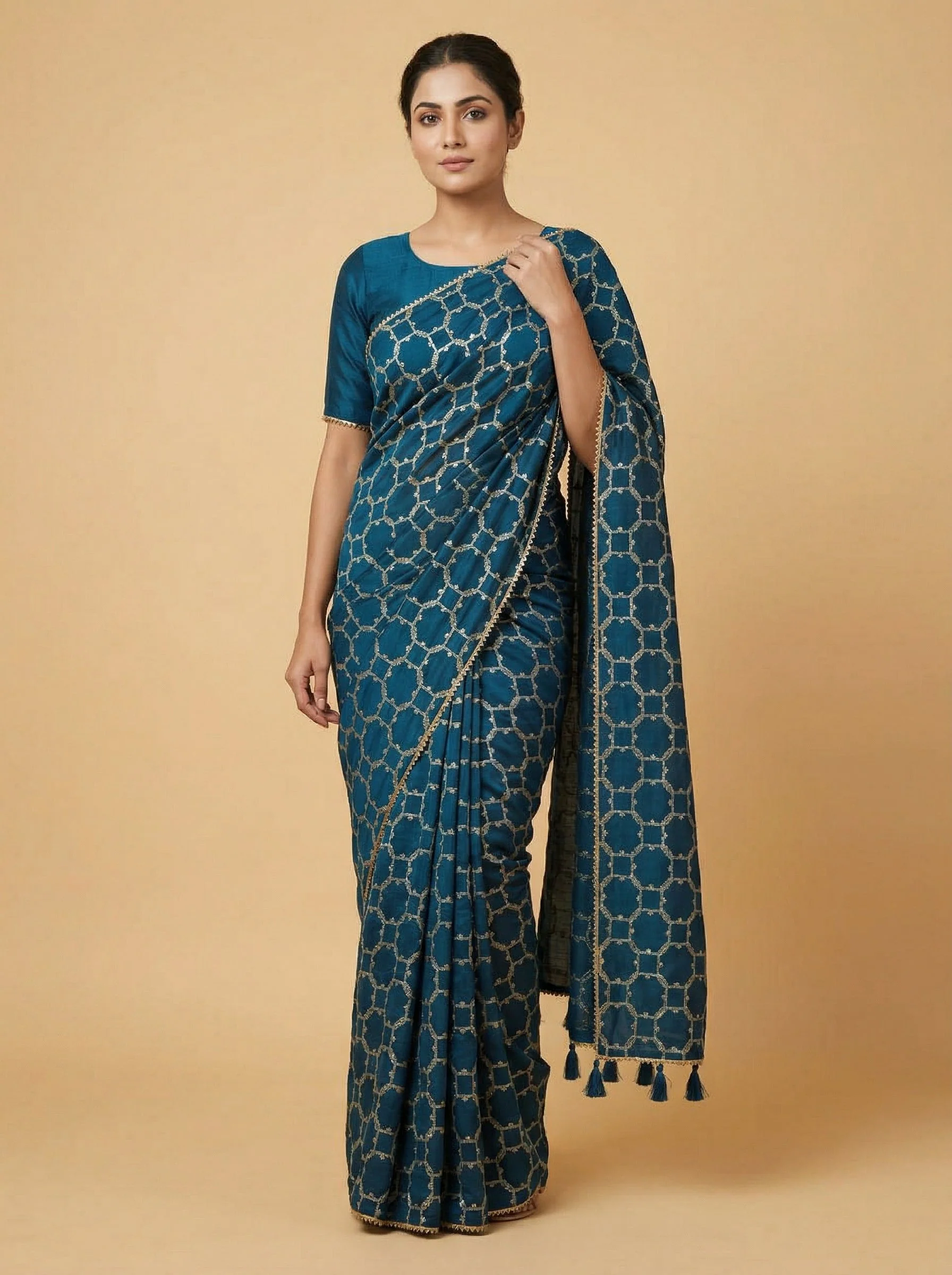Teal Blue Plush Embroidered Saree