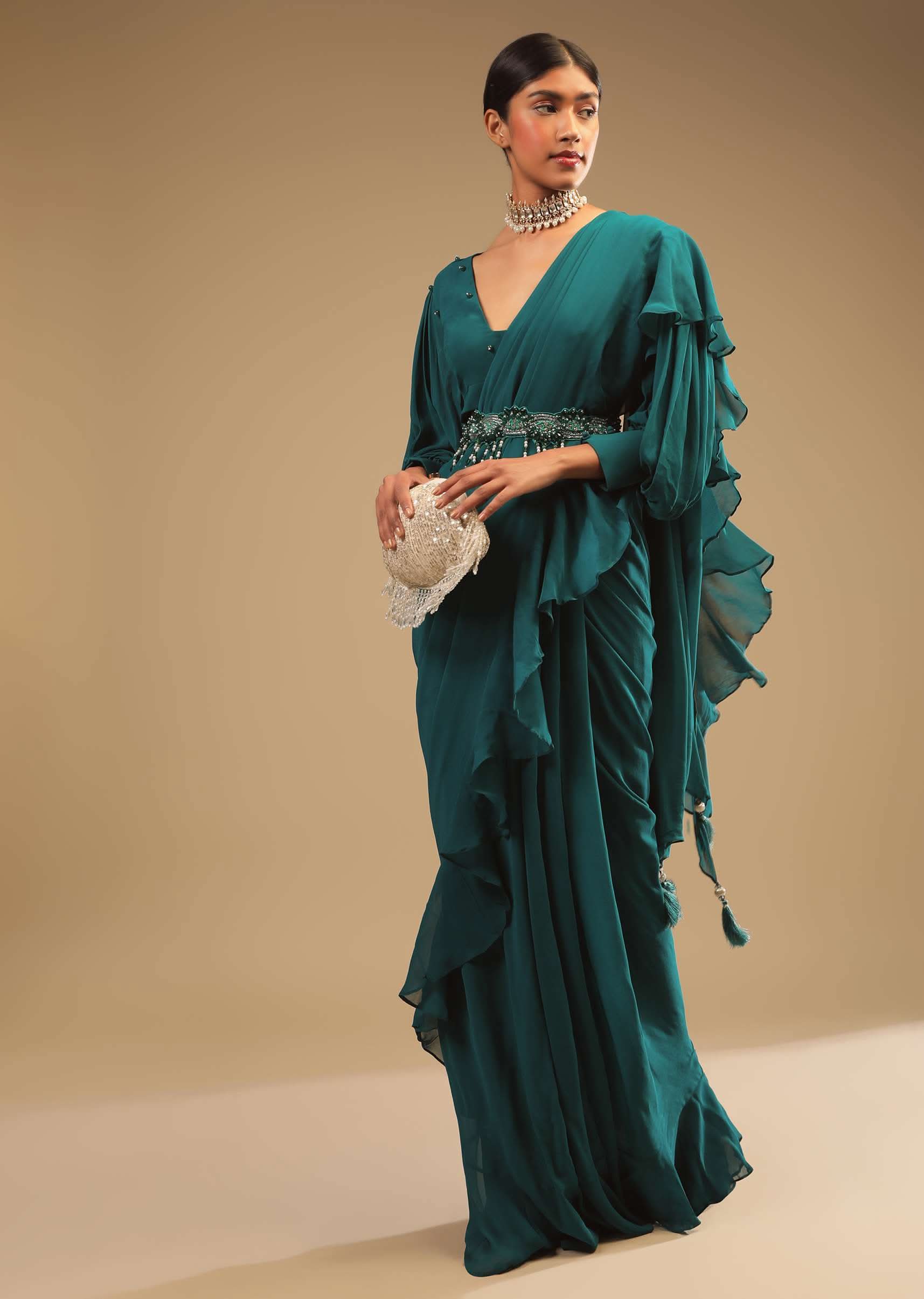 Teal Blue Saree In Georgette With Ruffle Frill And A Chunky Embroidered Belt - Image 3