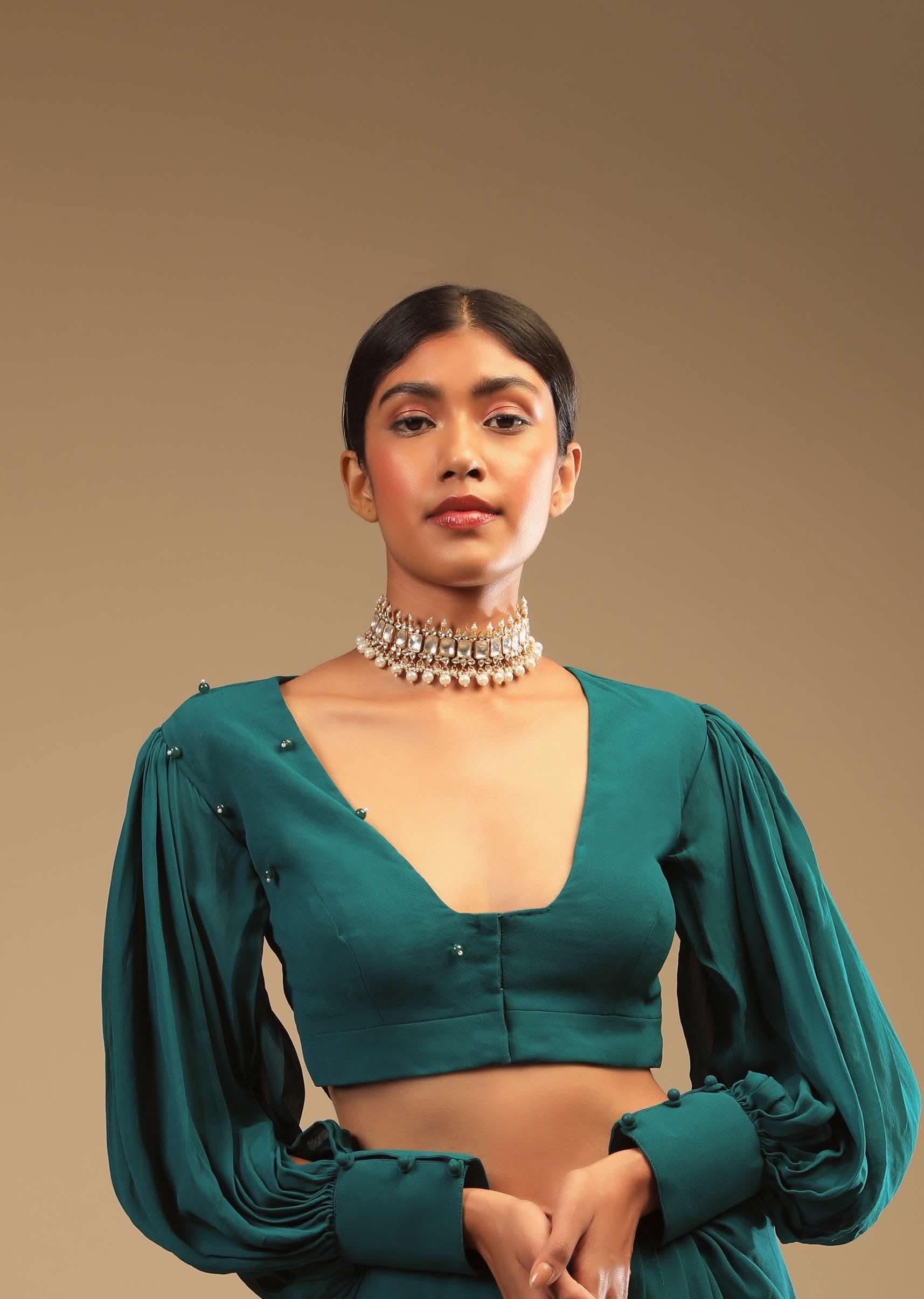 Teal Blue Saree In Georgette With Ruffle Frill And A Chunky Embroidered Belt - Image 5