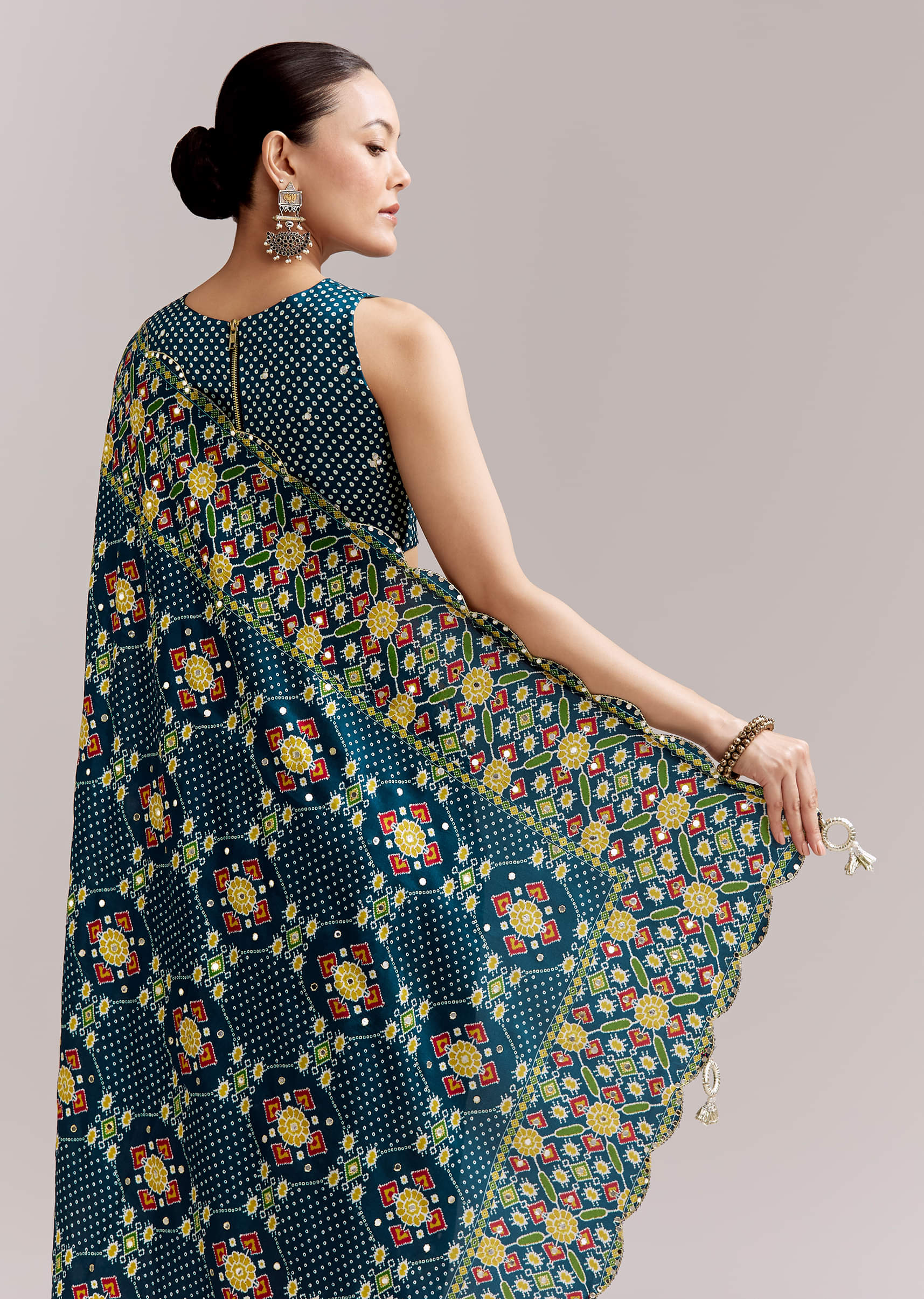 Teal Blue Satin Saree With Ajrakh Print And Scallop Gota Zari Border - Image 6