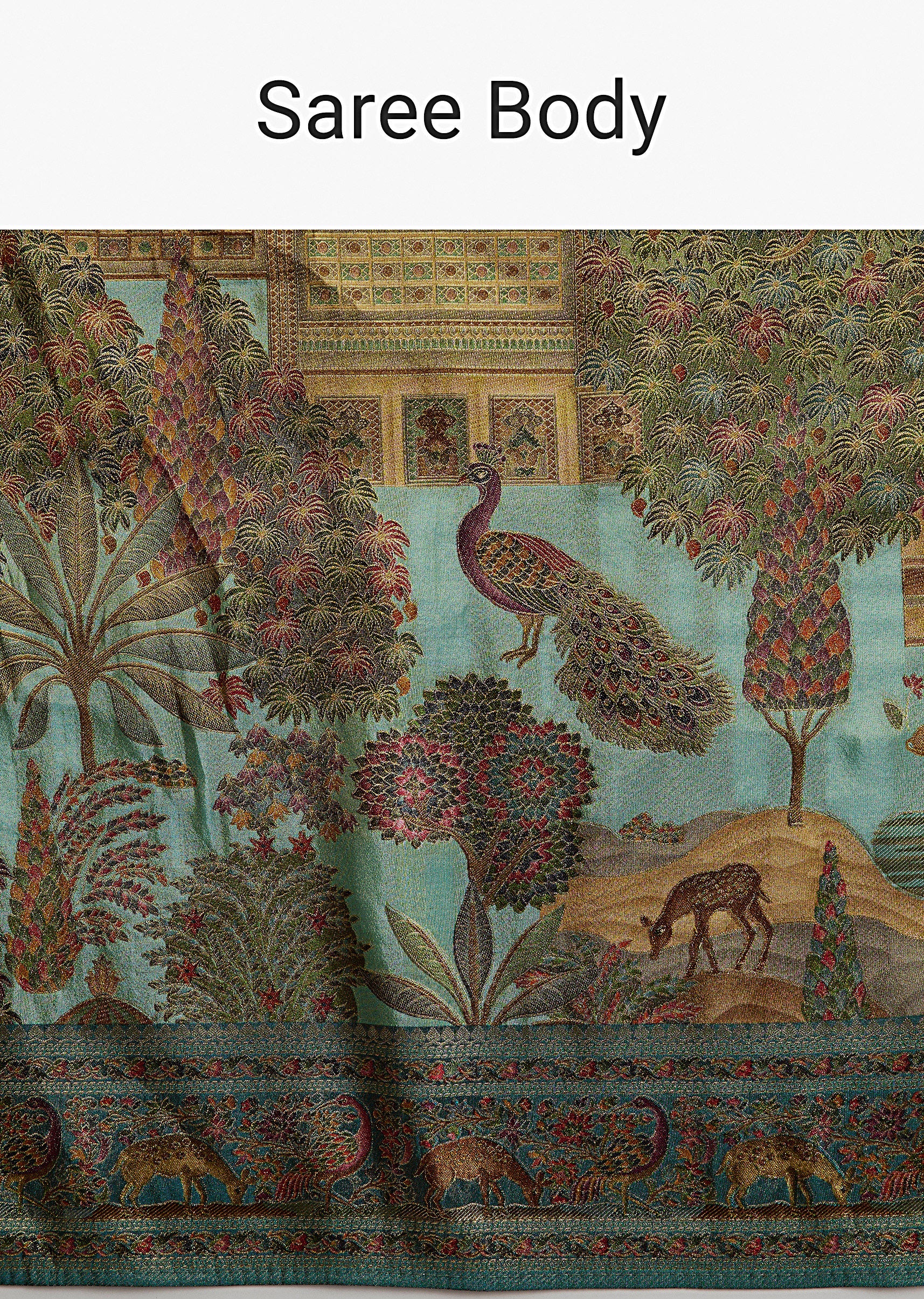 Teal Blue Satin Silk Woven Saree With Digital Historical Print - Image 9