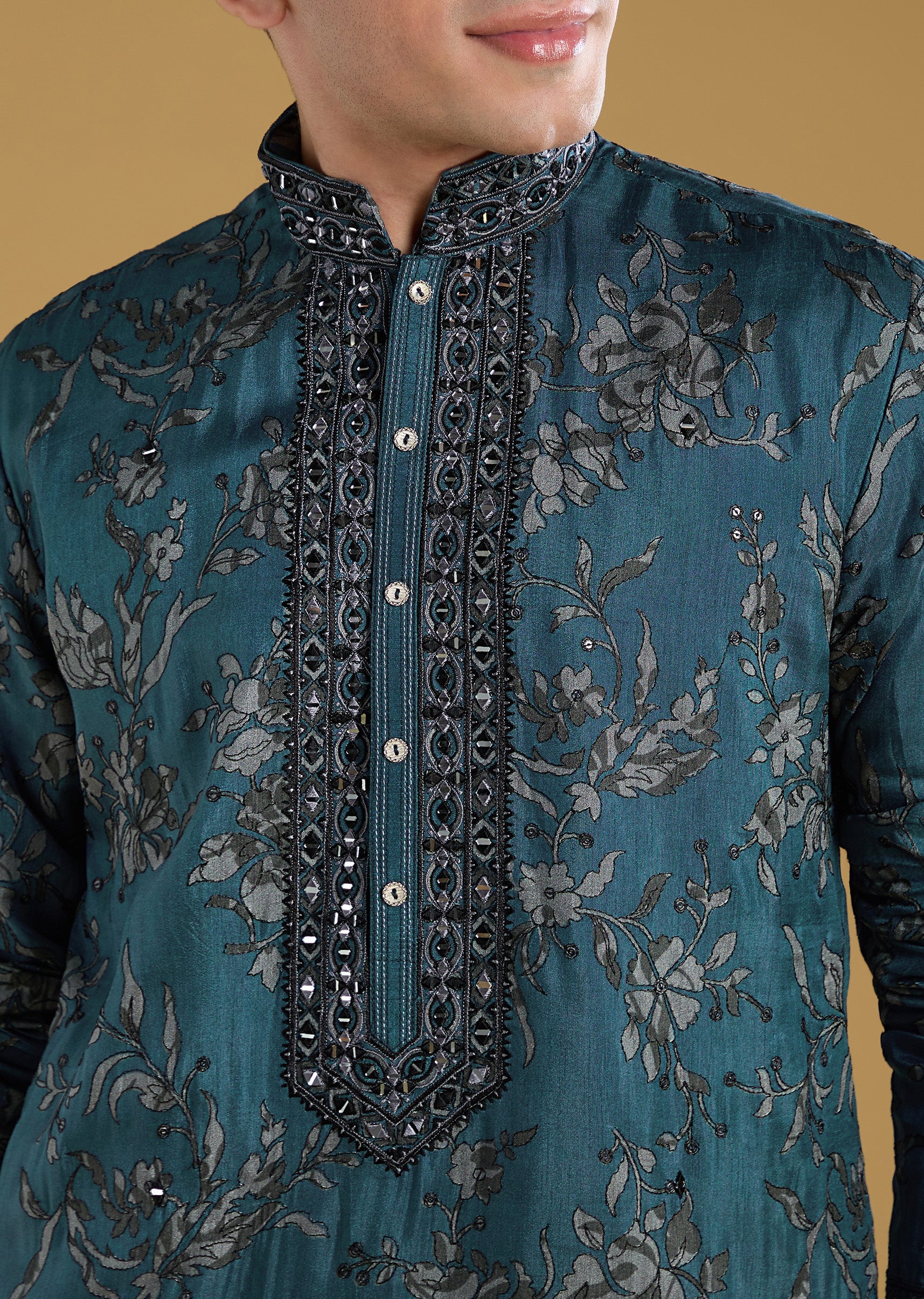 Teal Blue Silk Kurta Set With Thread And Mirror Detail Work