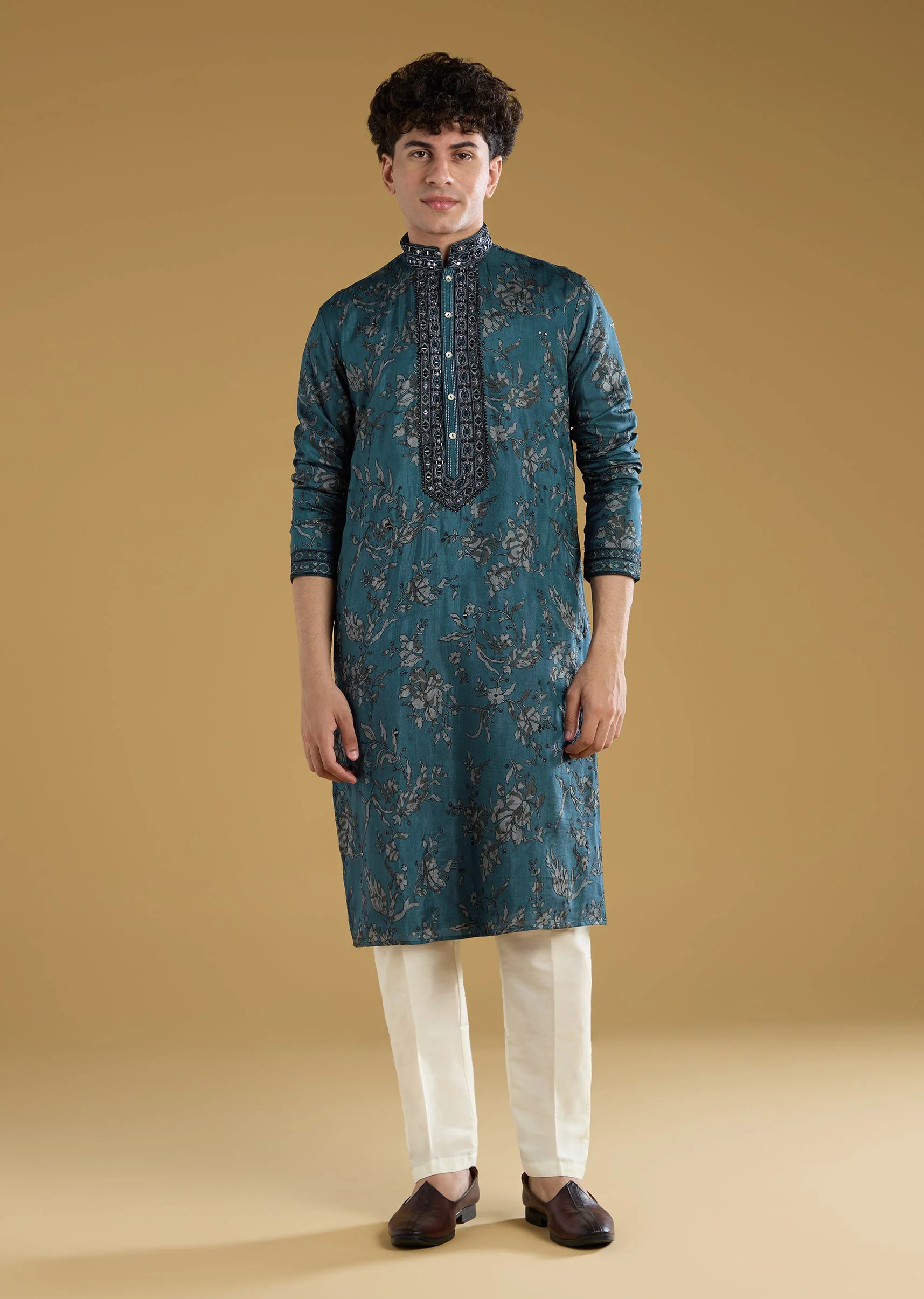 Teal Blue Silk Kurta Set With Thread And Mirror Detail Work - Image 2