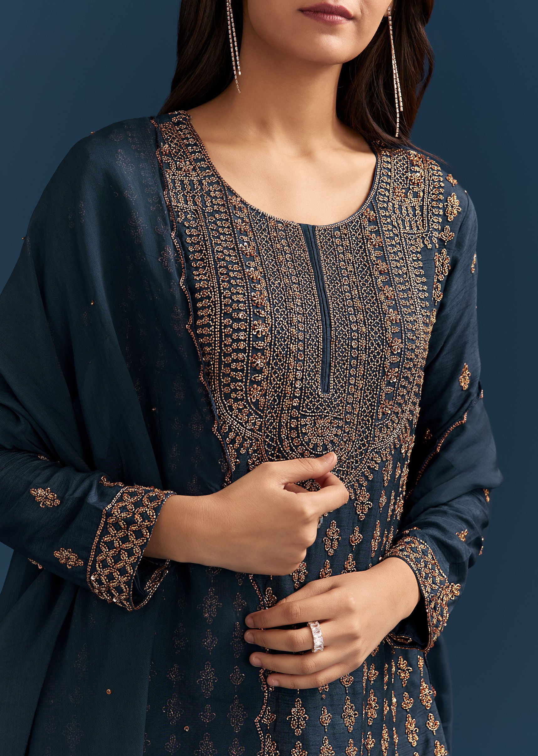 Teal Blue Silk Palazzo Suit With Cut Dana Work And Dupatta - Image 2