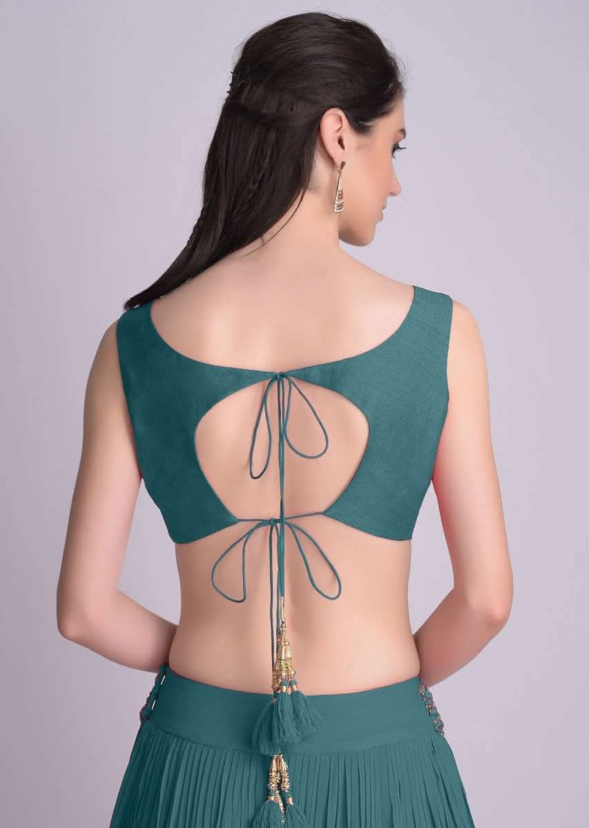 Teal Blue Sleeveless Blouse With Double Tie Up Tassel Dori At The Back - Image 5