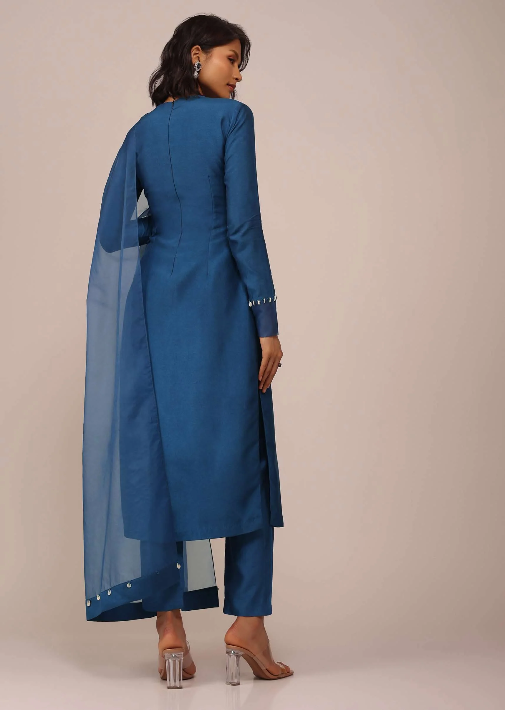 Teal Blue Suit Set With Tassel-Adorned Dupatta In Russian Art Silk - Image 5