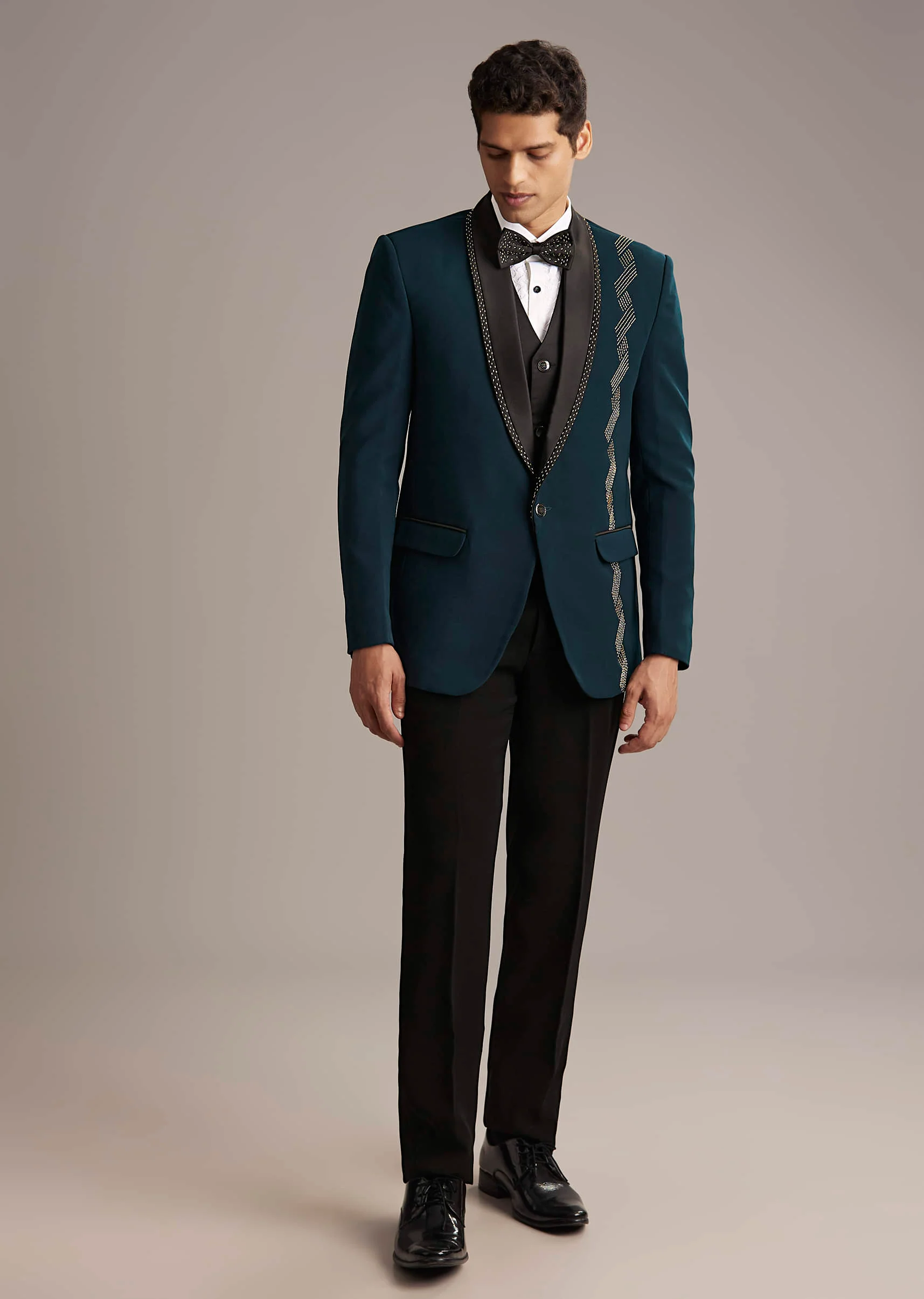Teal Blue Tuxedo For Men With Cutdana Embroidery - Image 3