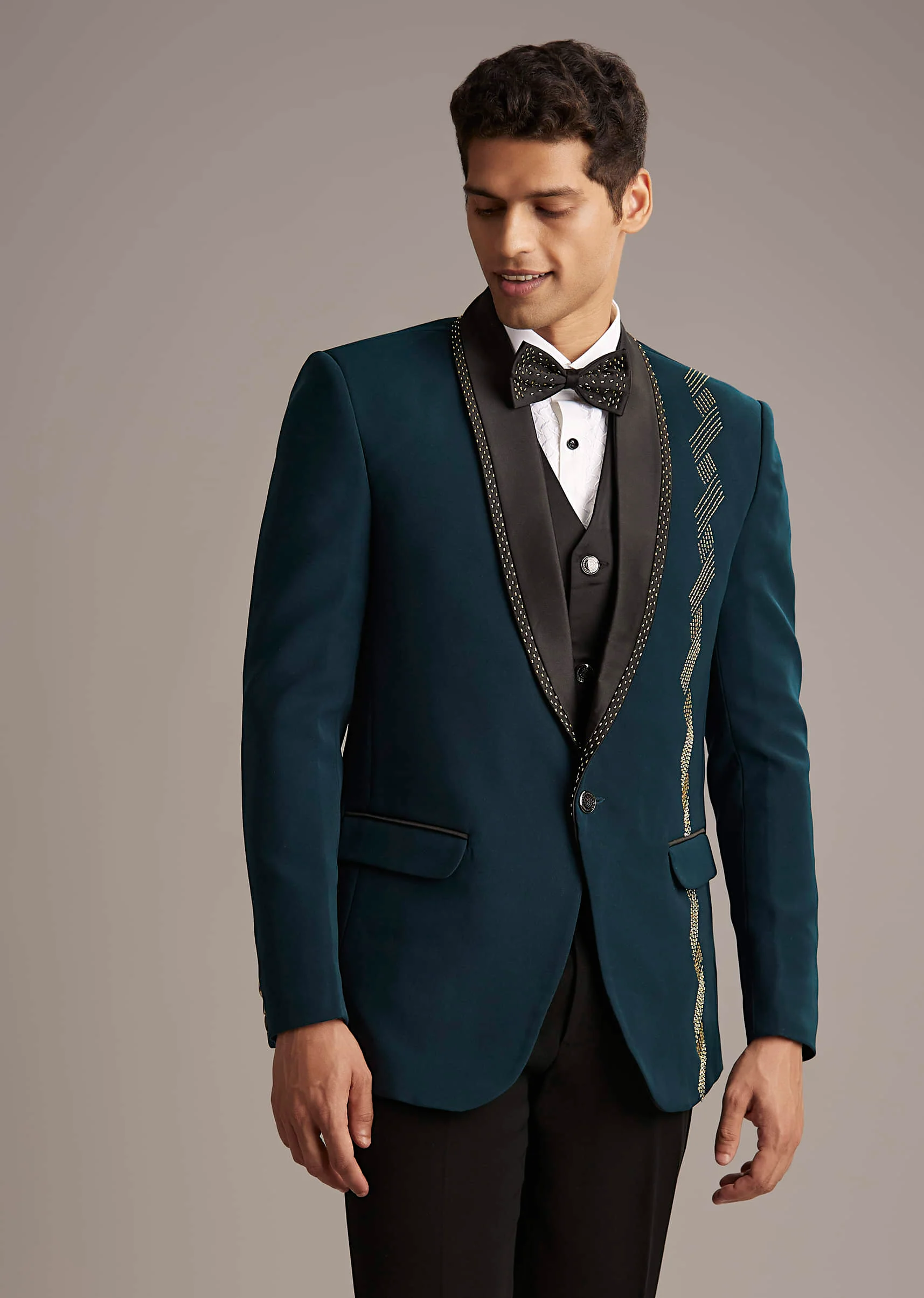 Teal Blue Tuxedo For Men With Cutdana Embroidery - Image 4