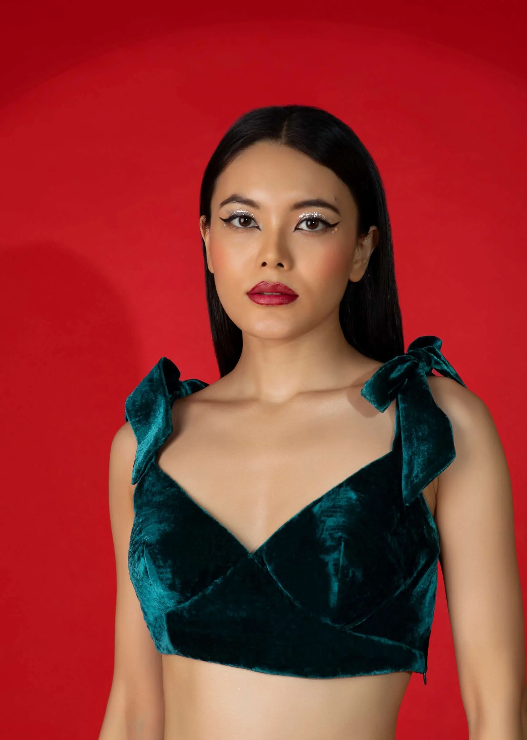Teal Blue Velvet Blouse With Tie Up Straps On The Shoulder - Image 3