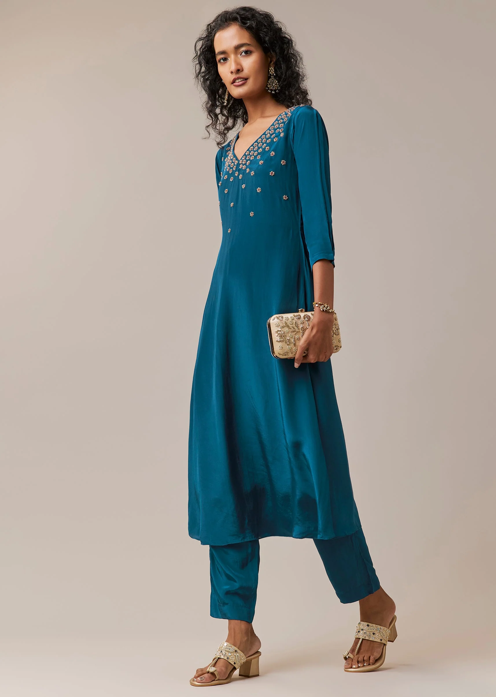 Teal Blue Zardozi Work Kurta and Pant Set - Image 3