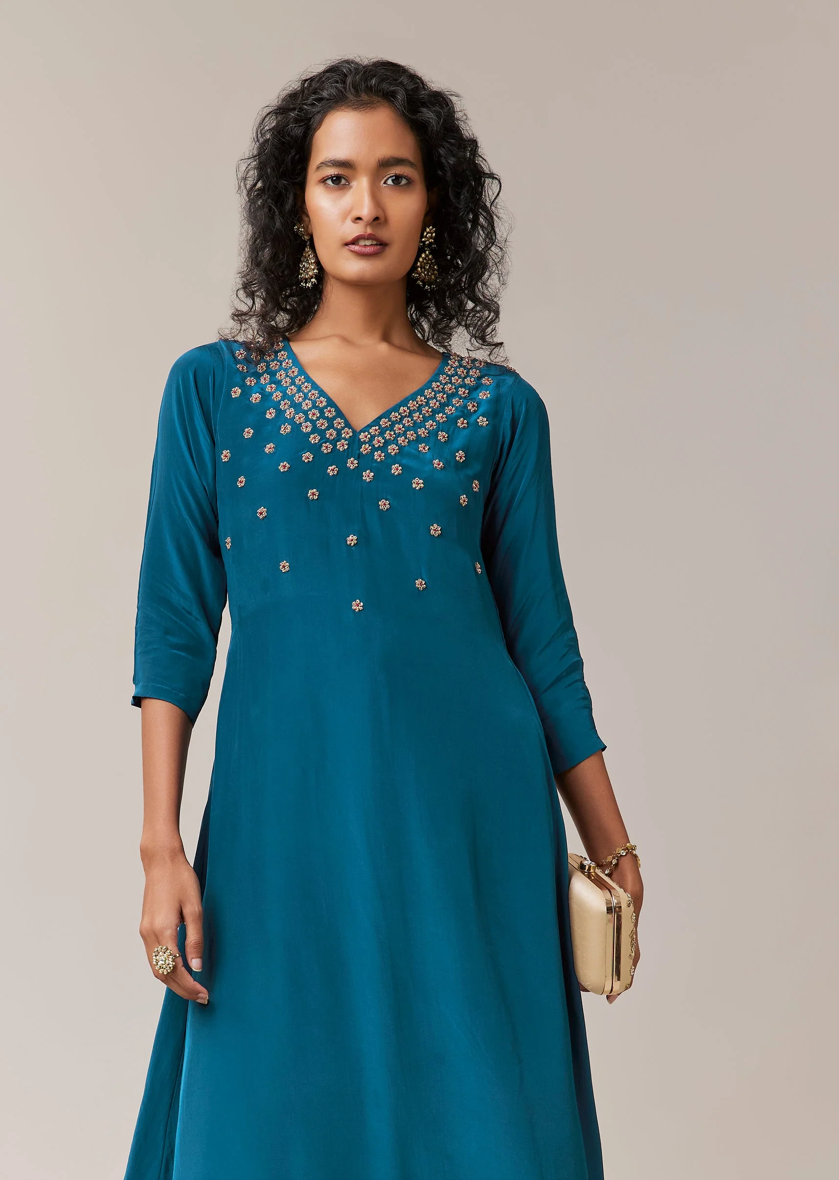 Teal Blue Zardozi Work Kurta and Pant Set - Image 4