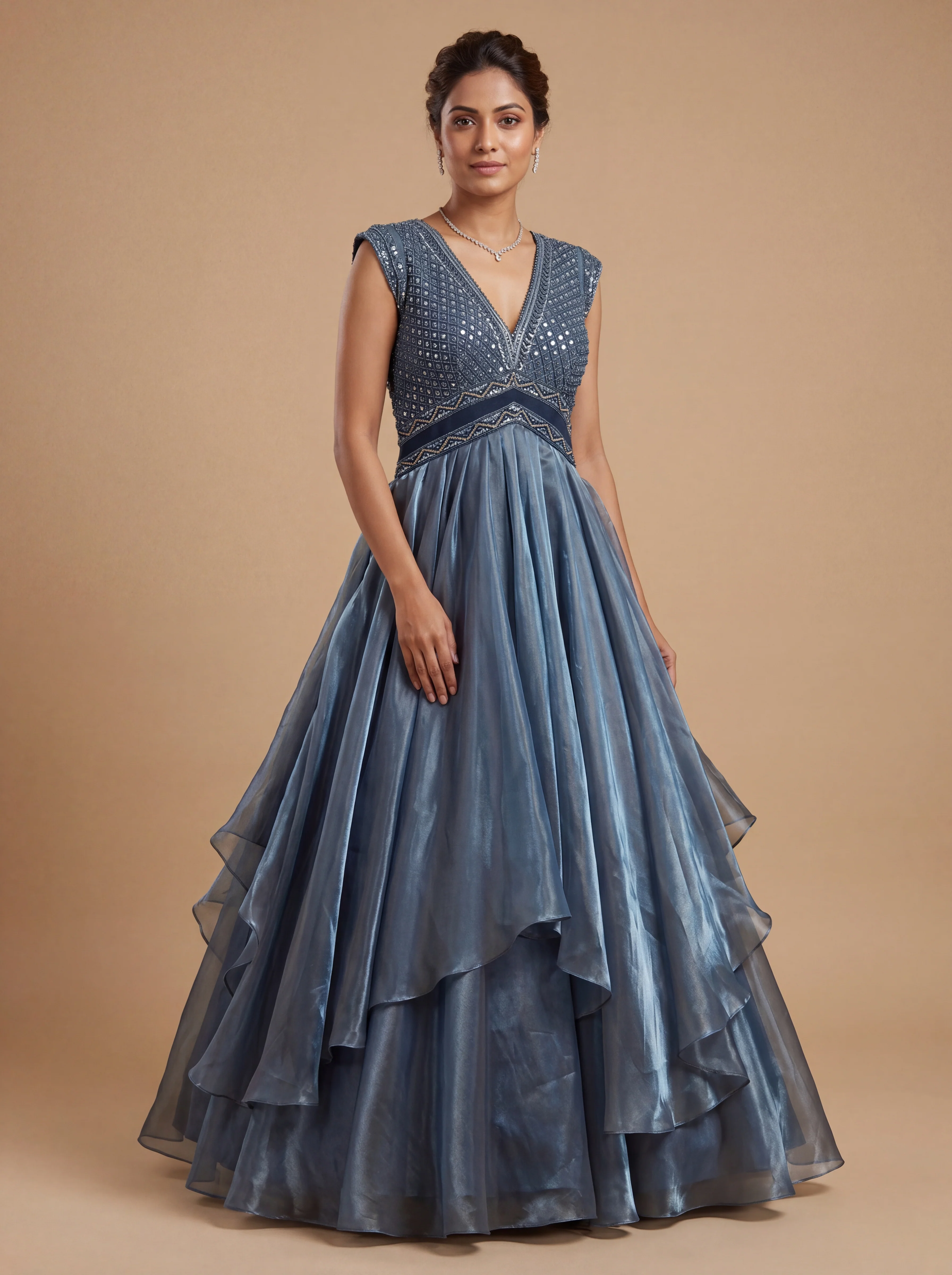 Teal Contemporary Gown With Metallic Sheen Draped Flow