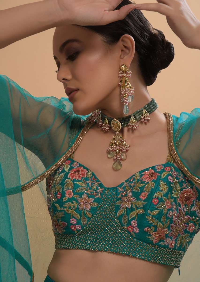 Teal Drape Skirt And Crop Top With Matching Cape And Colorful Resham Embroidered Spring Blooms - Image 2