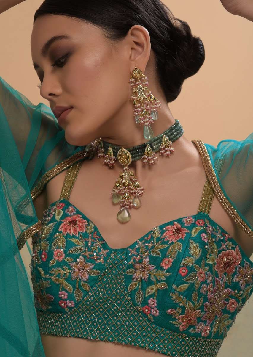 Teal Drape Skirt And Crop Top With Matching Cape And Colorful Resham Embroidered Spring Blooms - Image 4