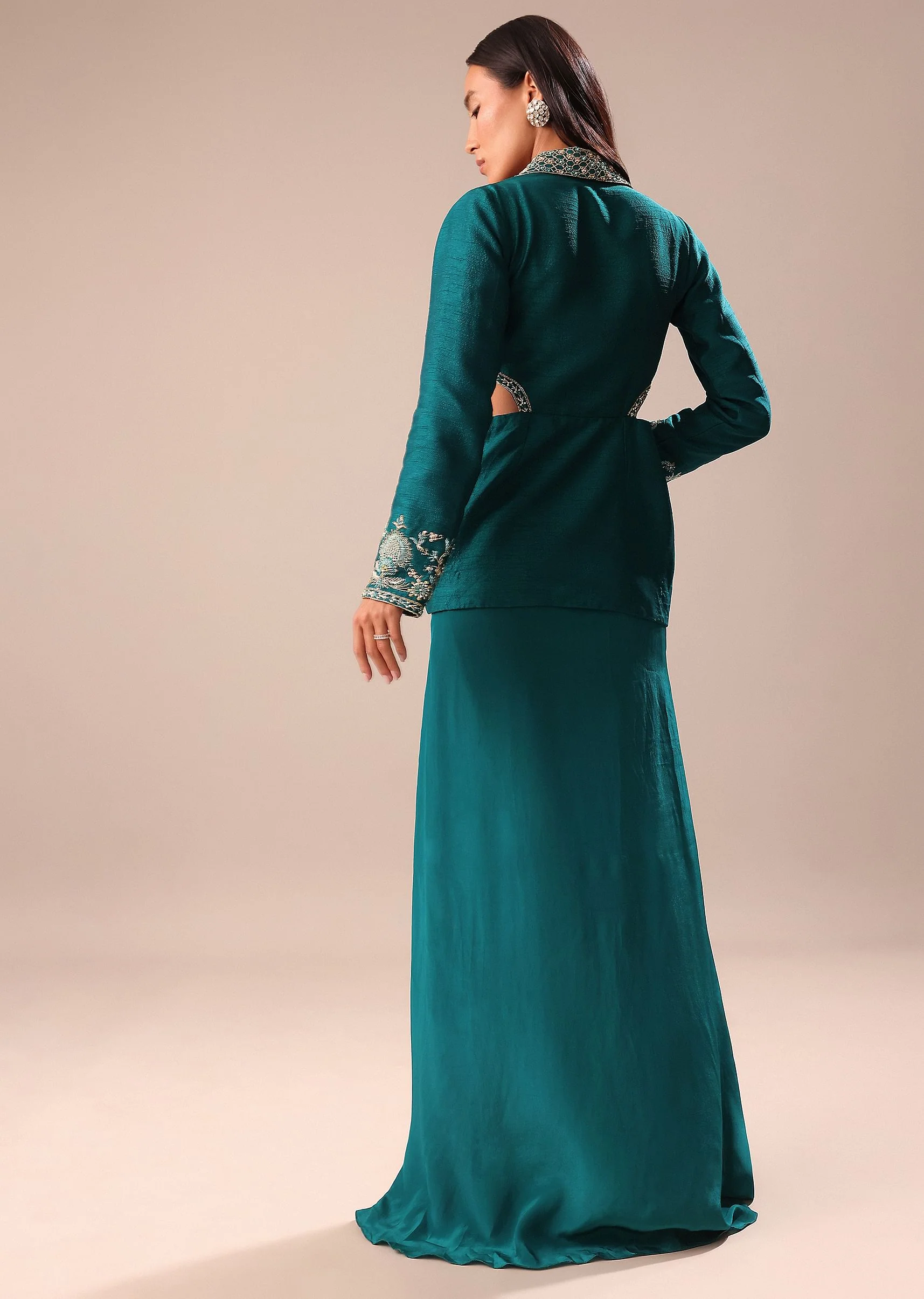 Teal Drape Skirt With Hand Embroidered Blouse And Jacket - Image 2