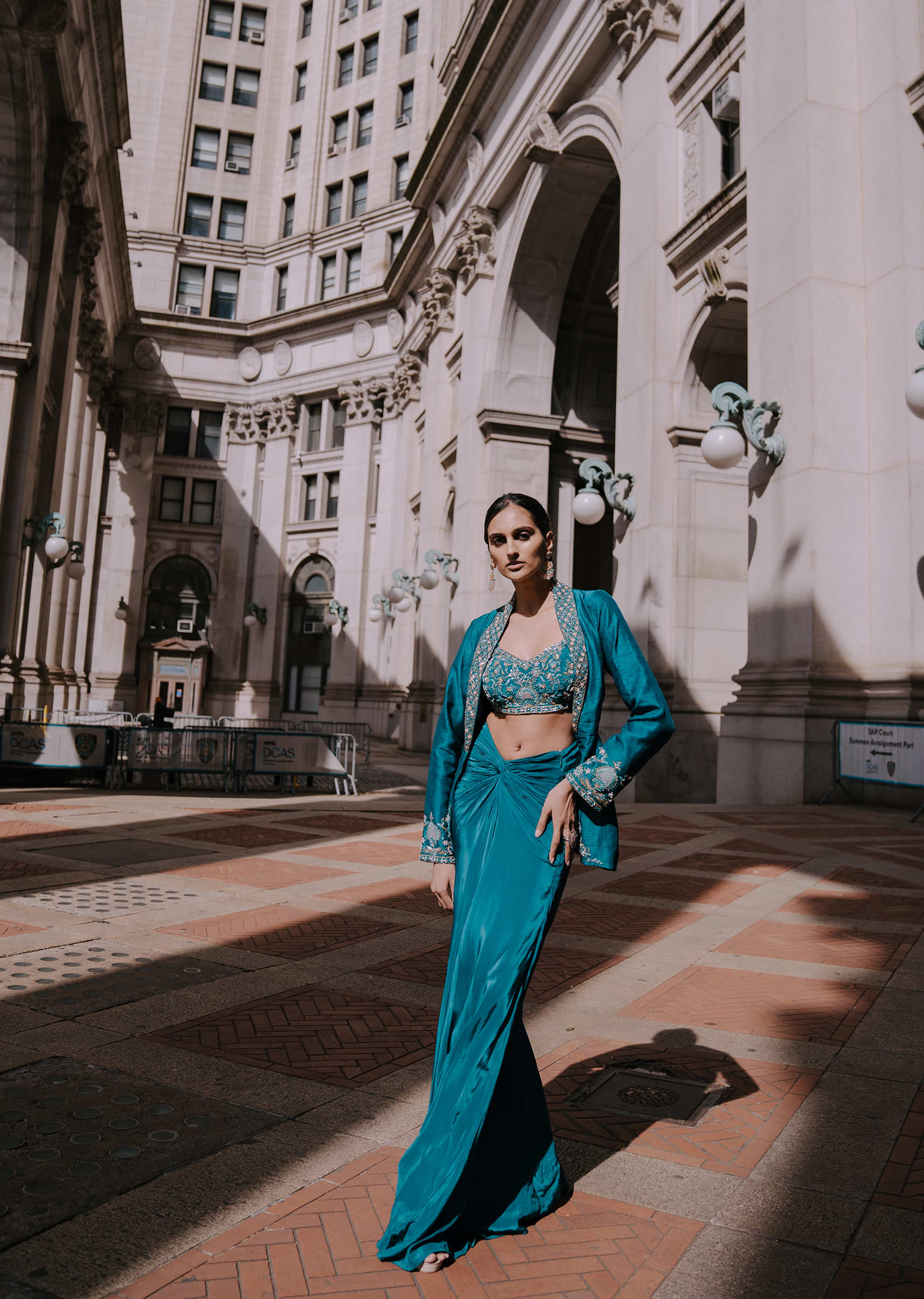 Teal Drape Skirt With Hand Embroidered Blouse And Jacket - Image 3