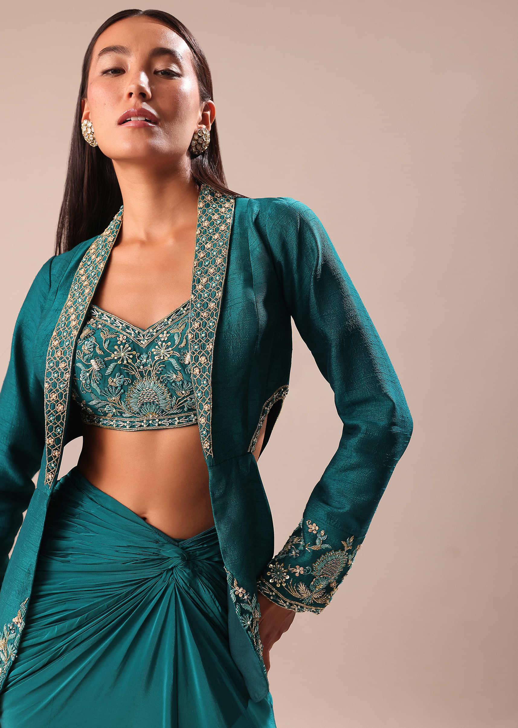 Teal Drape Skirt With Hand Embroidered Blouse And Jacket - Image 4