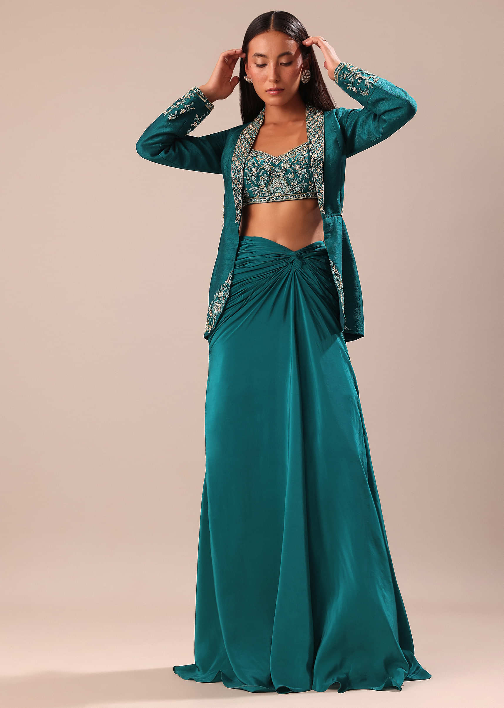 Teal Drape Skirt With Hand Embroidered Blouse And Jacket - Image 5