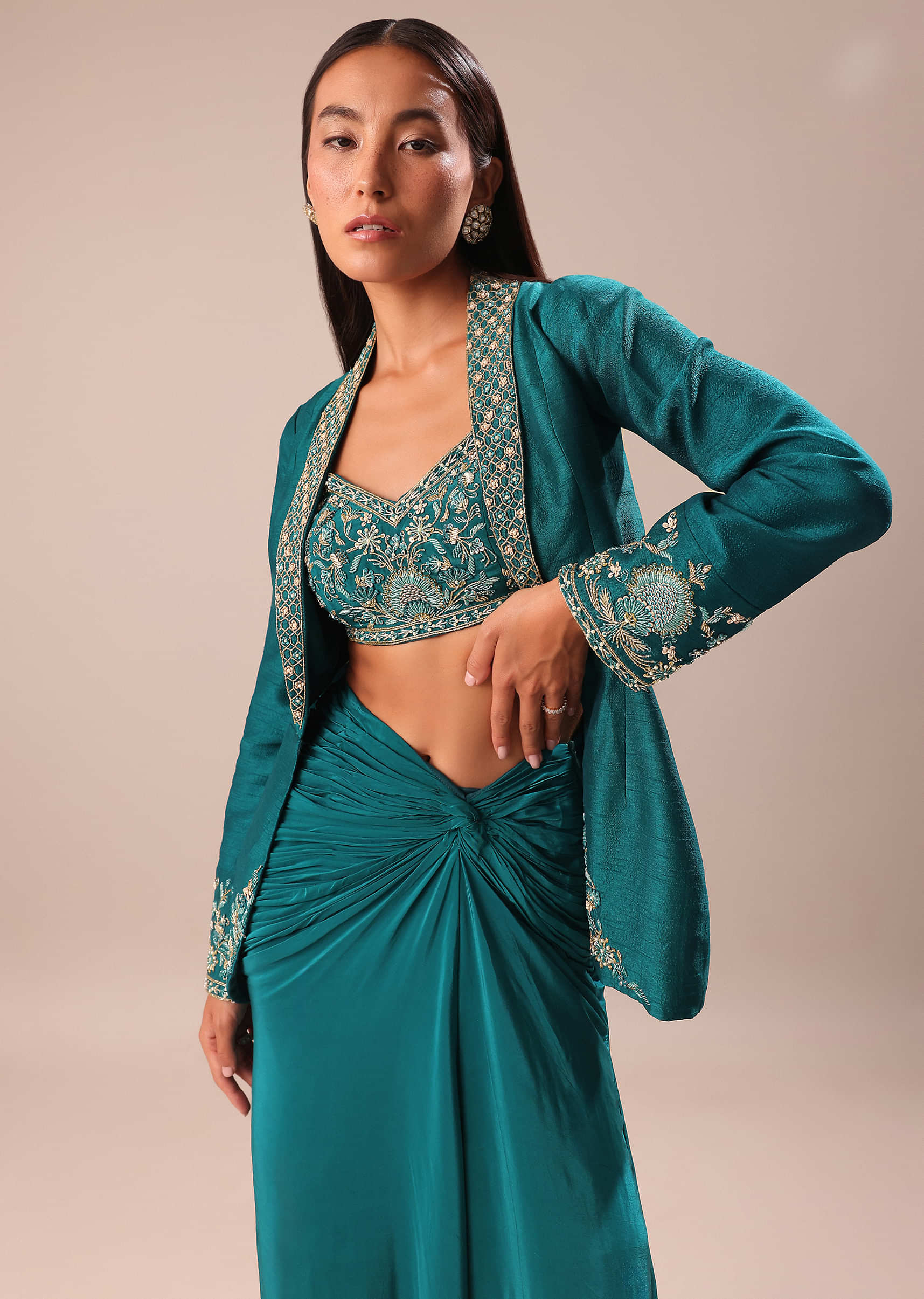 Teal Drape Skirt With Hand Embroidered Blouse And Jacket - Image 6