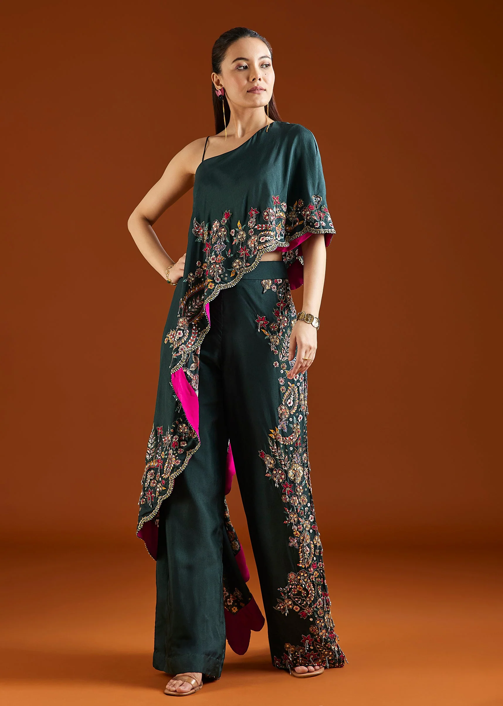 Teal Green Asymmetric Silk Blend Crop Top Palazzo Set - Image 3
