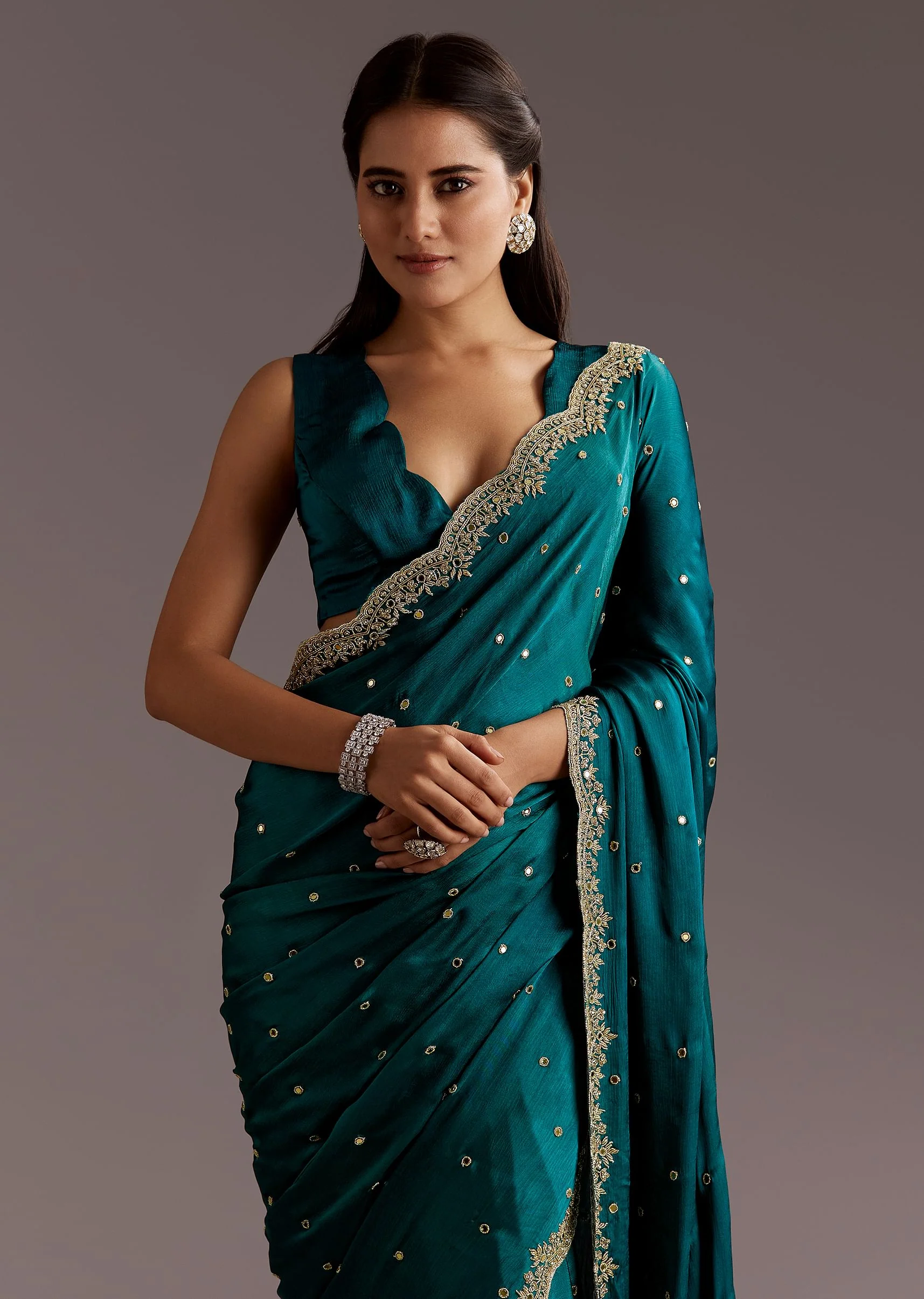 Teal Green Chinon Saree With Cutdana And Sequins Scallop Border - Image 2