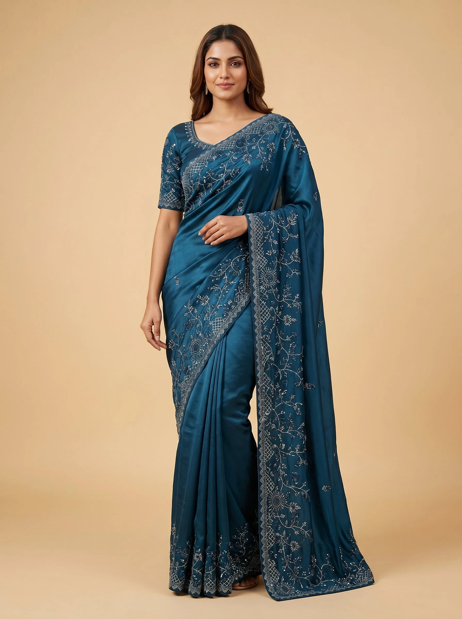 Teal Green Lagoon Tint Embroidered Saree