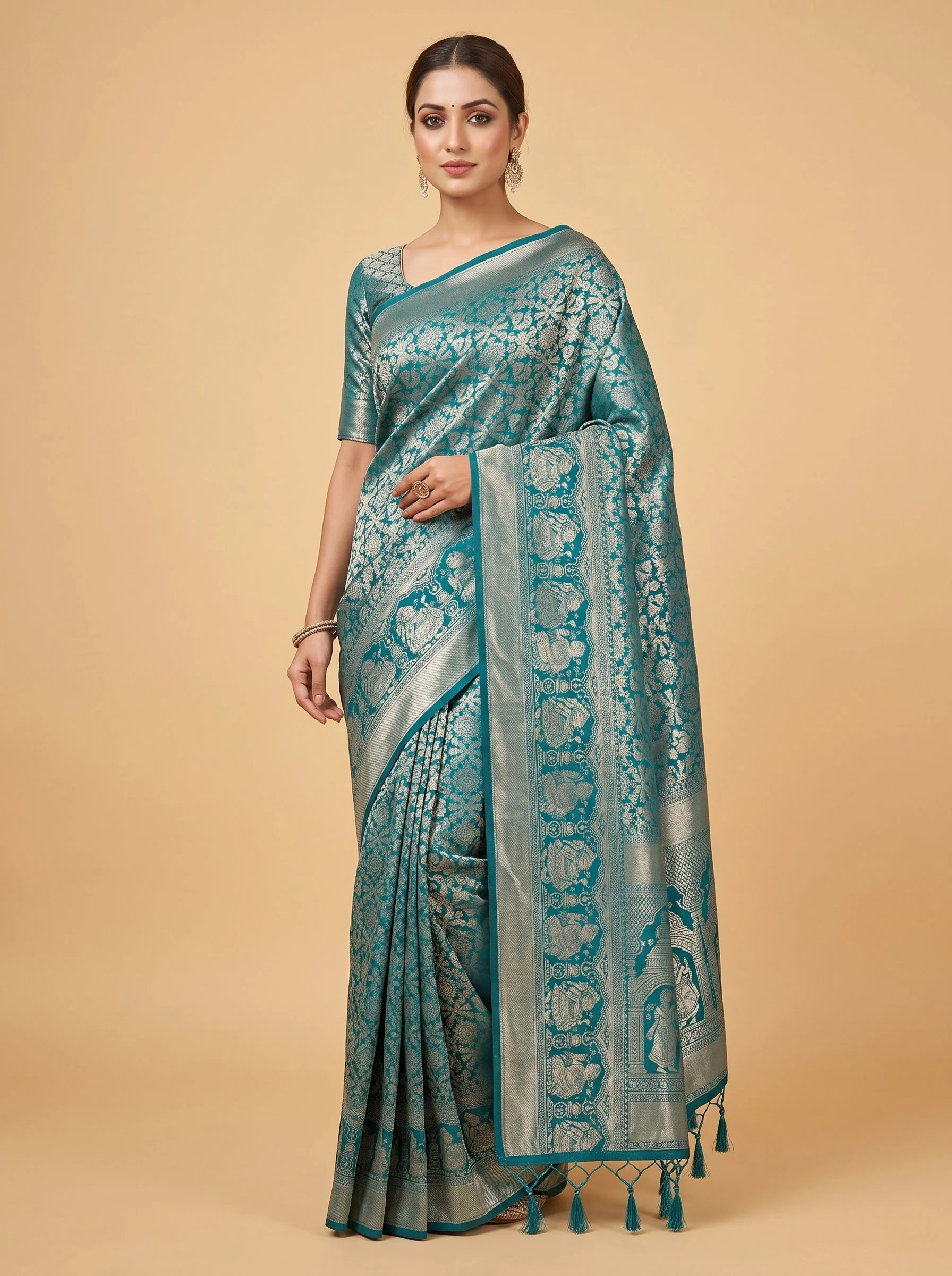 Teal Green Ocean Thread Handloom Saree