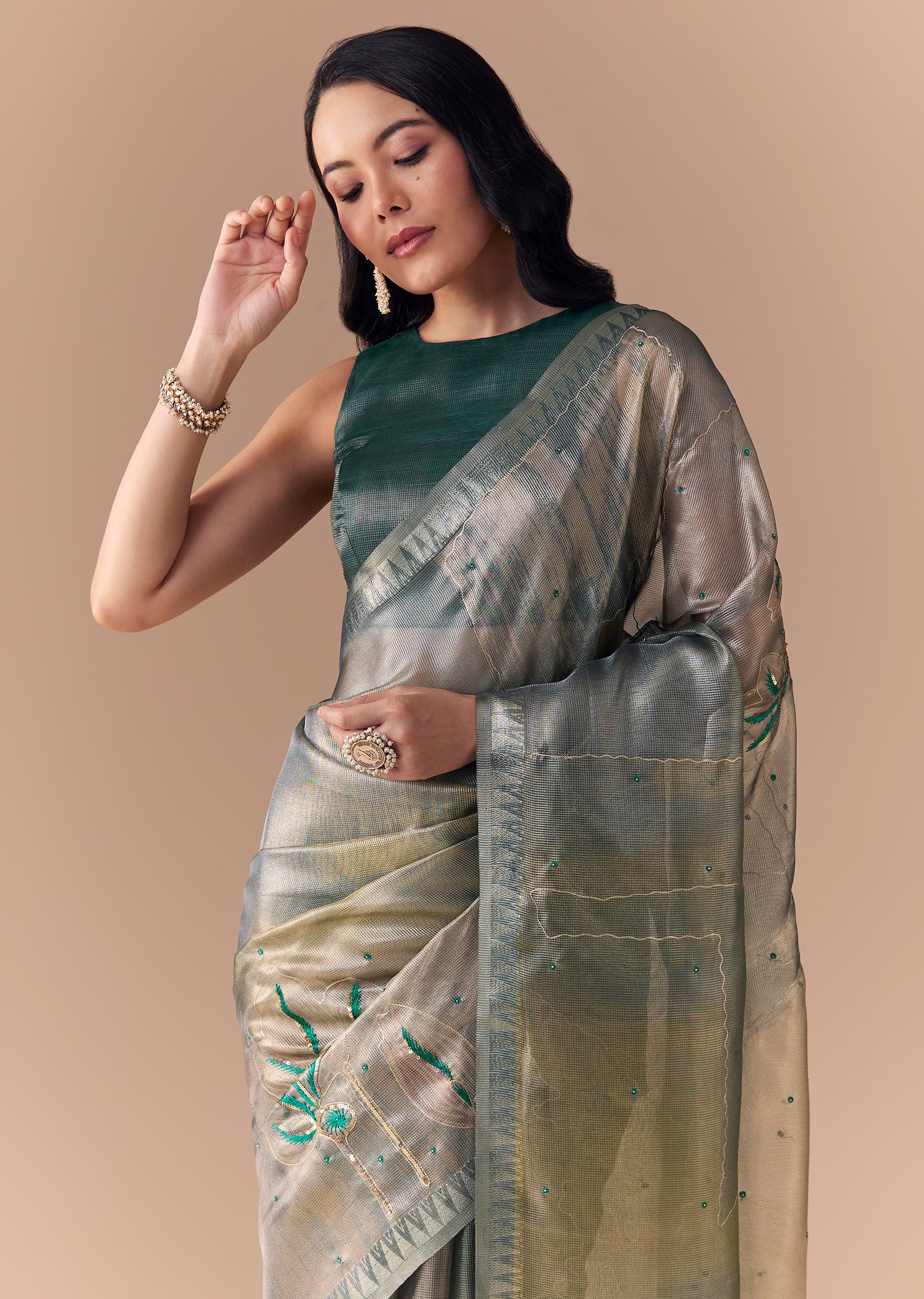 Teal Green Organza Silk Saree with Unstitched Blouse - Image 4