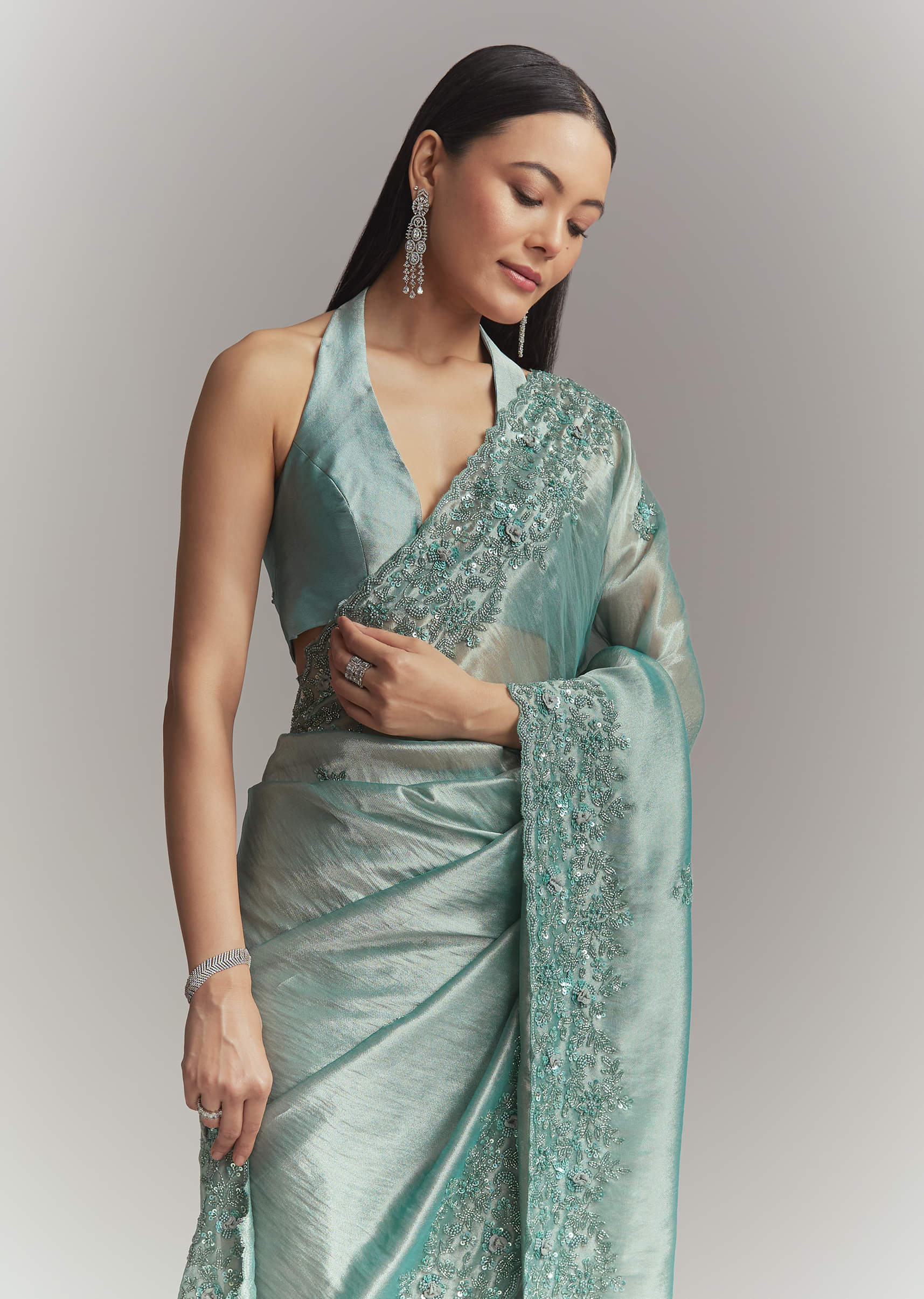 Teal Green Tissue Embroidered Saree With Heavy Hand Embroidery - Image 4