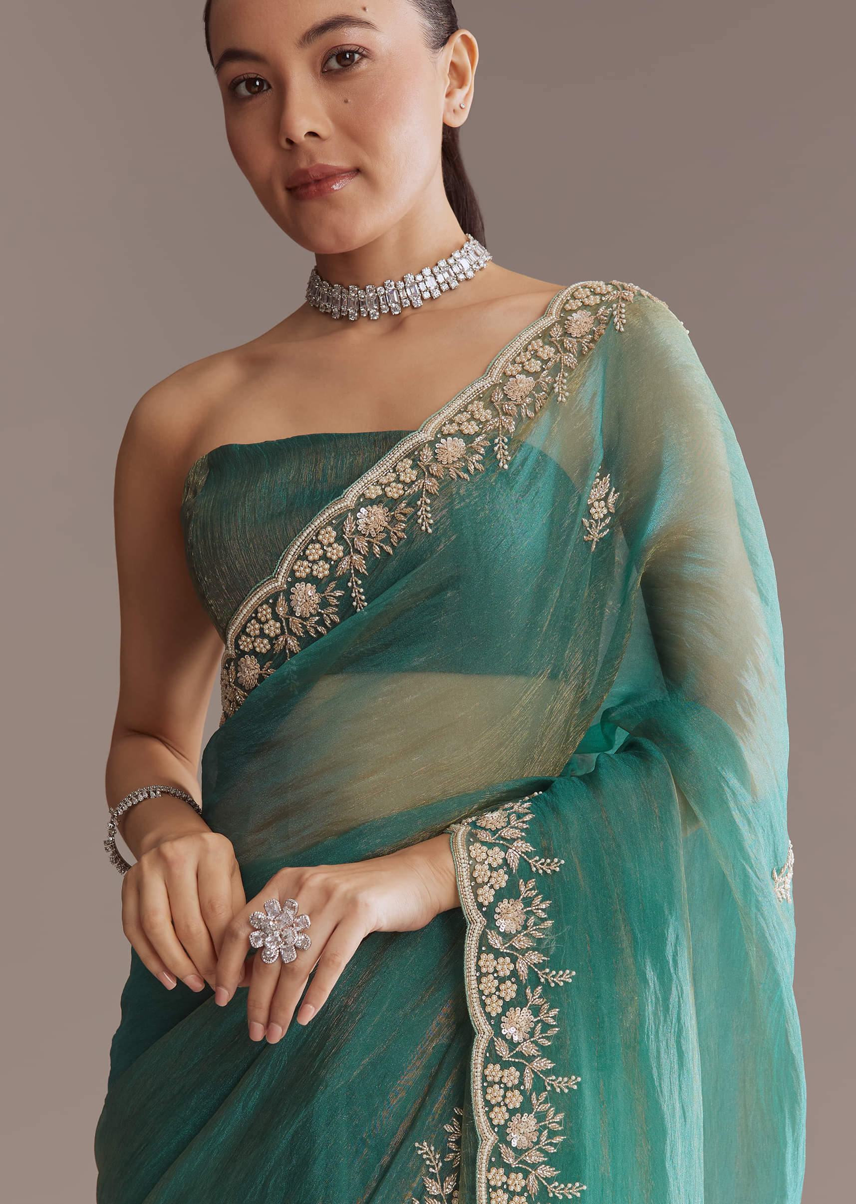 Teal Green Two Tone Tissue Saree With Sequin And Stone Embroidery - Image 2