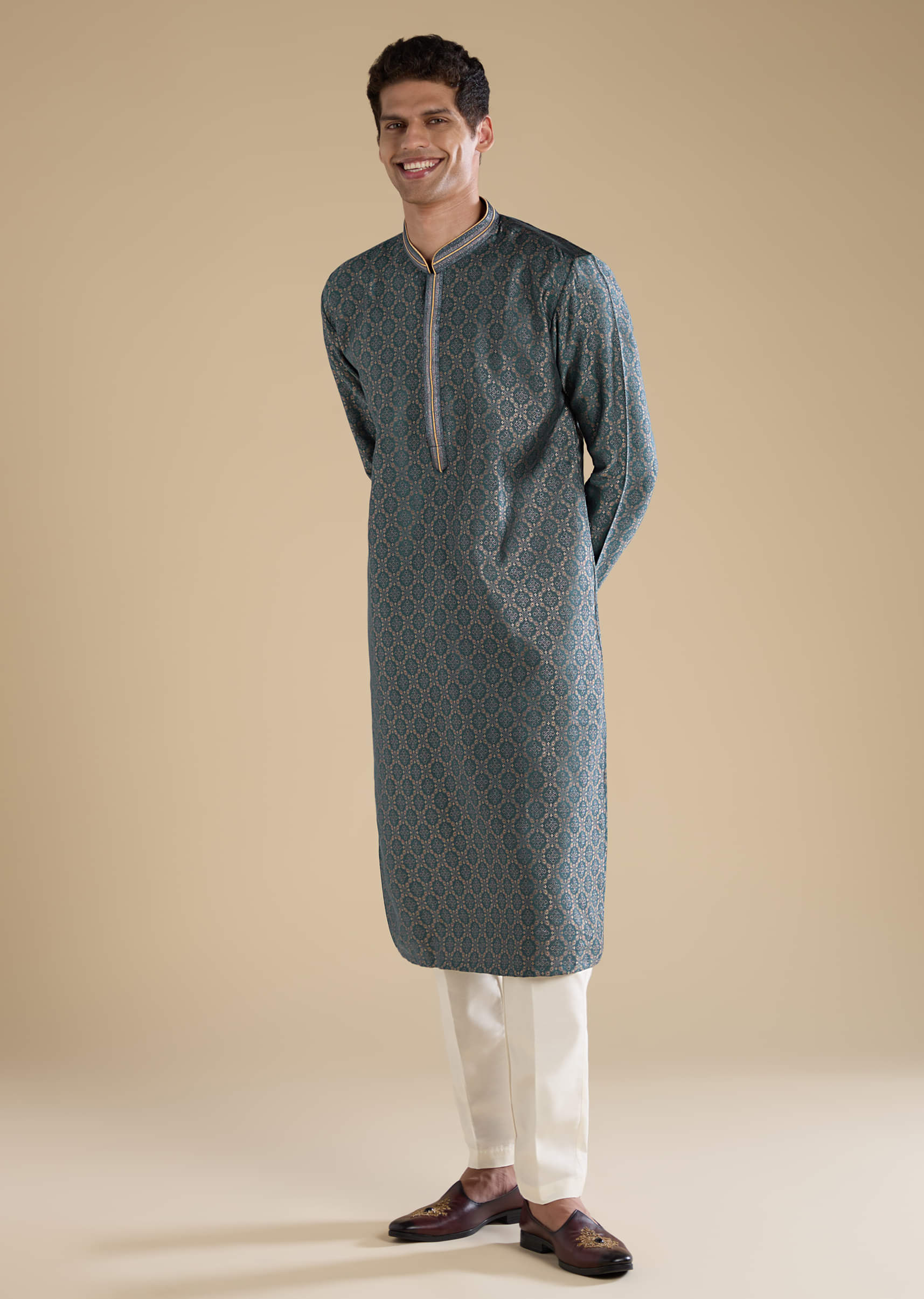 Teal Jacquard Self Work Mens Kurta Set - Image 2