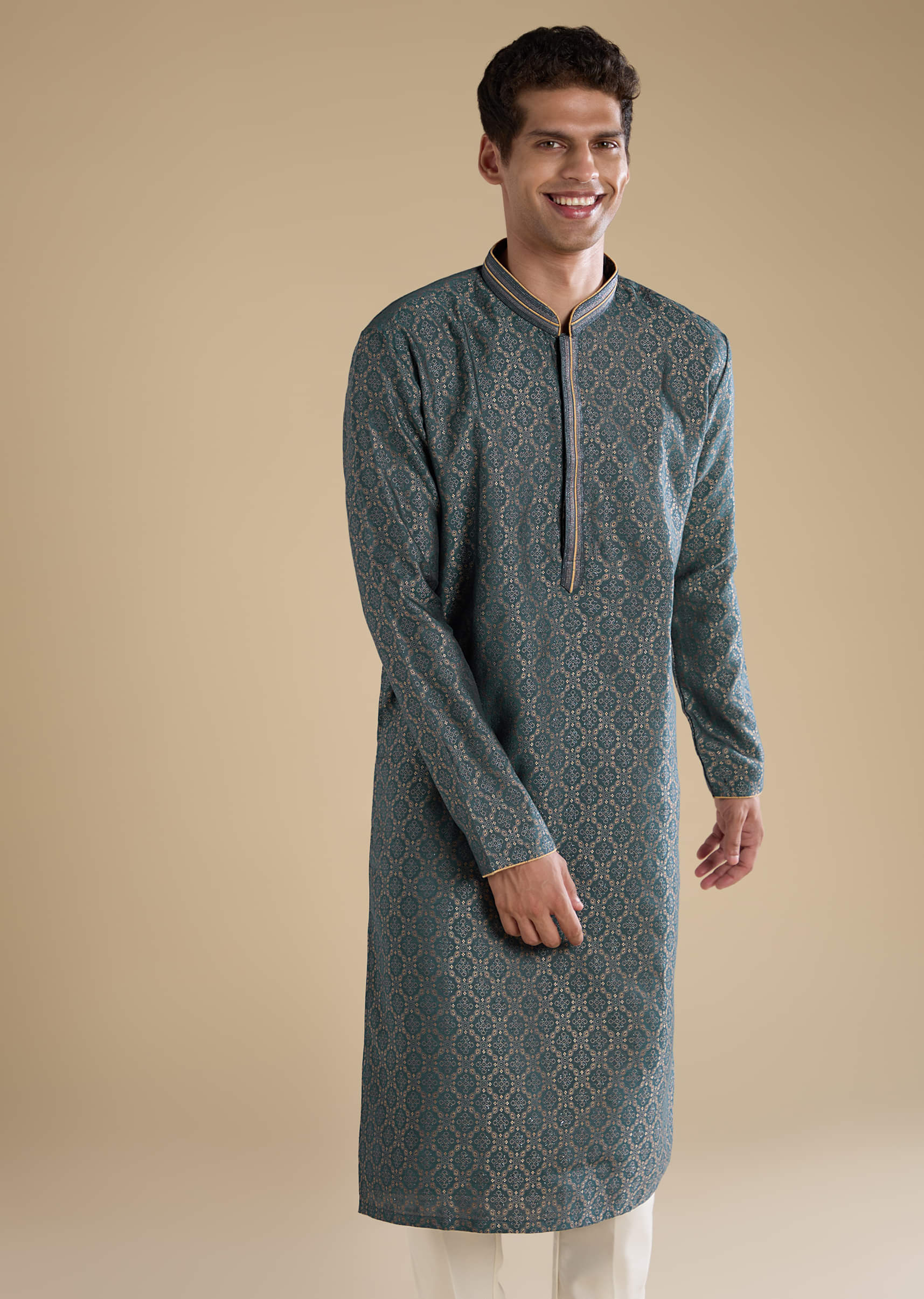 Teal Jacquard Self Work Mens Kurta Set - Image 4
