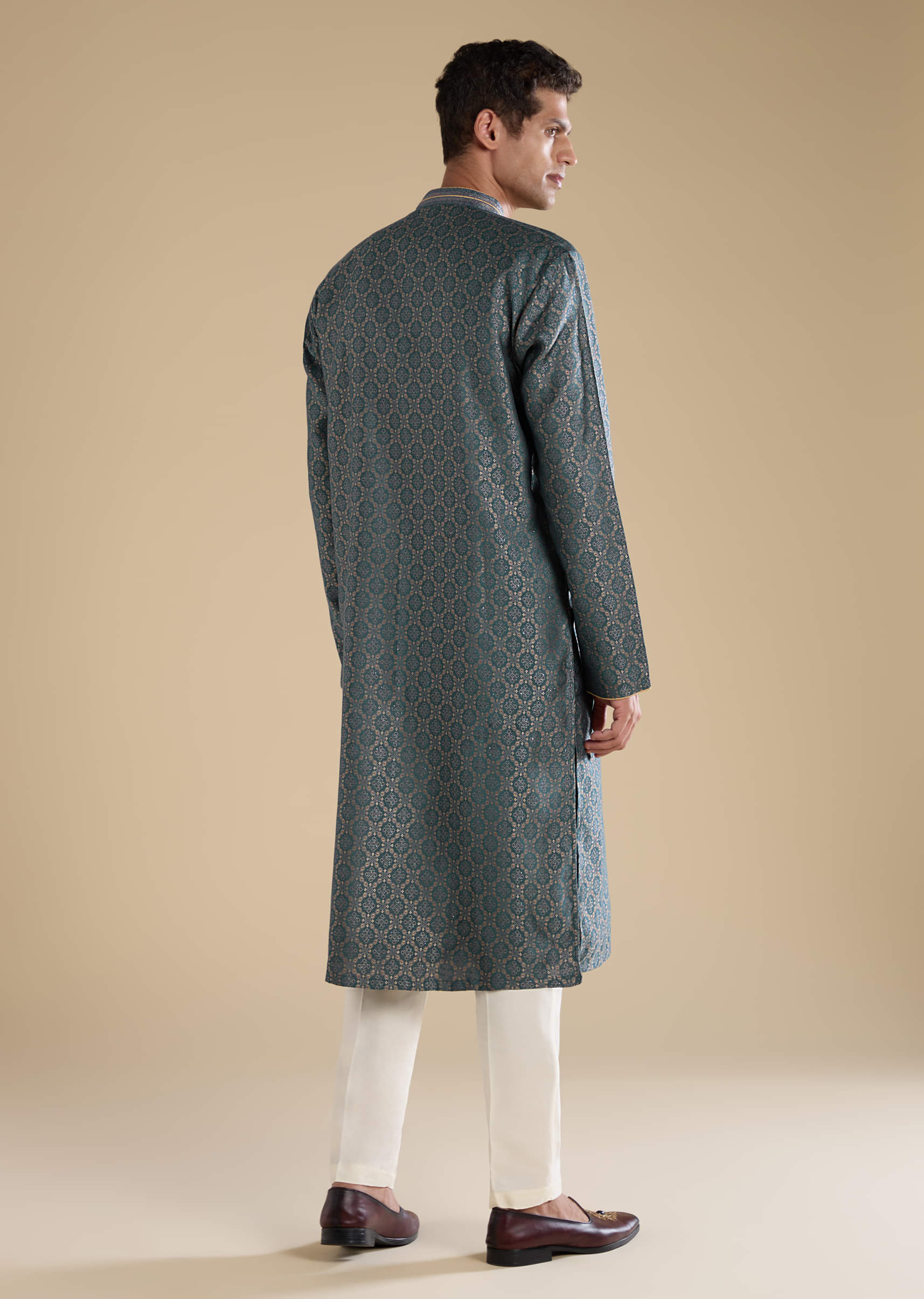 Teal Jacquard Self Work Mens Kurta Set - Image 5