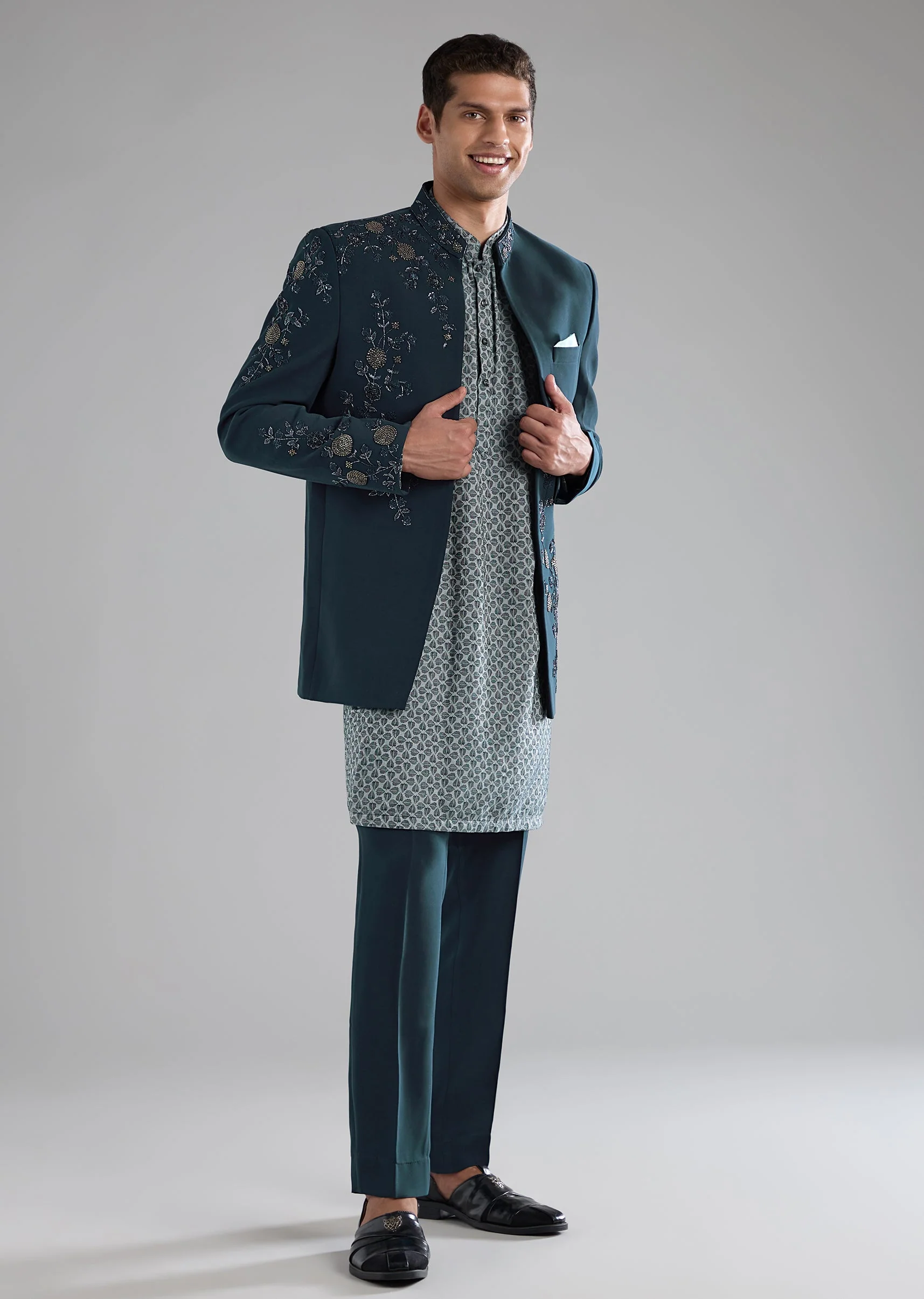 Teal Jodhpuri Kurta Set with Resham Work