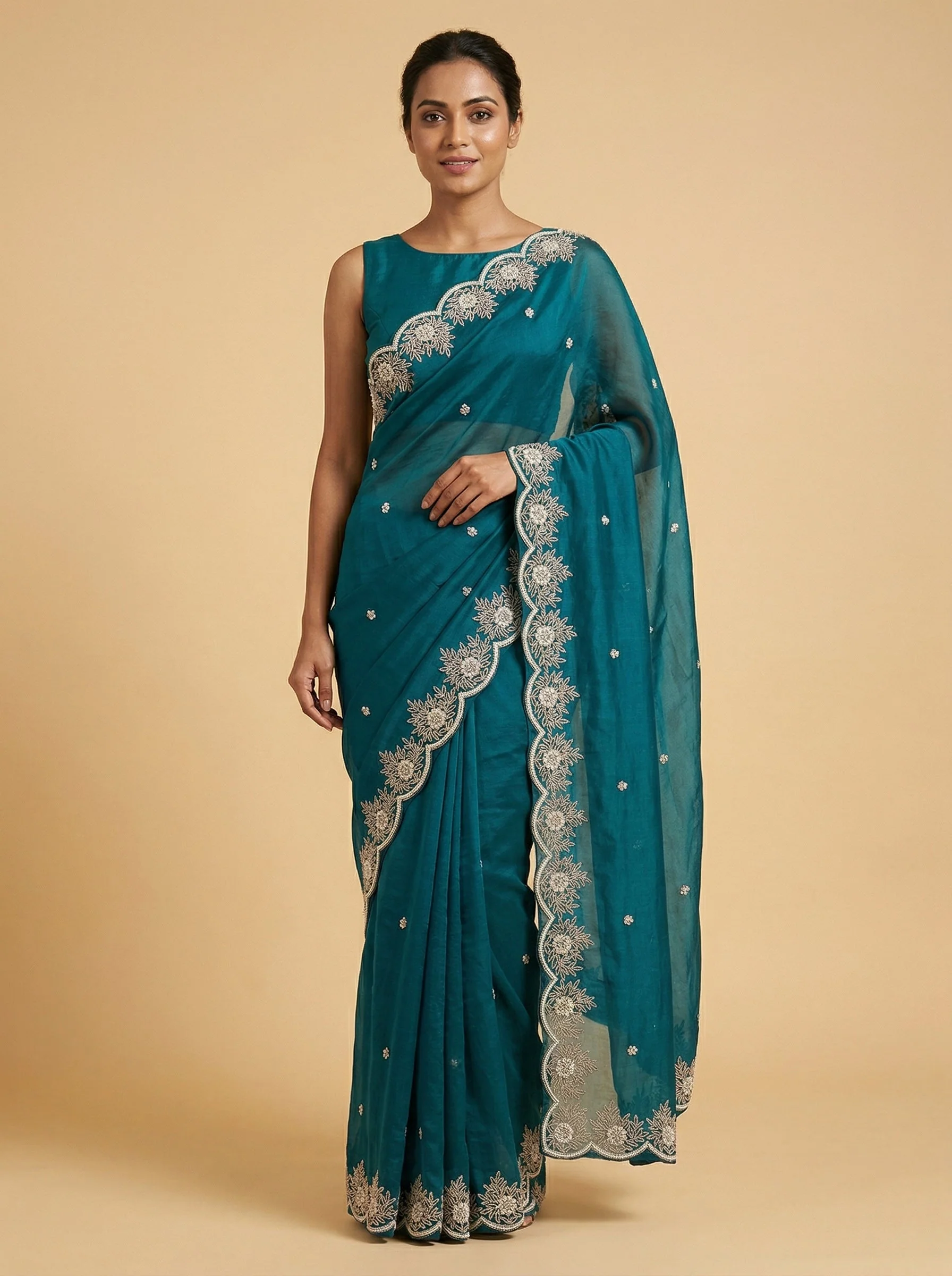 Teal Lagoon Blue Embroidered Saree