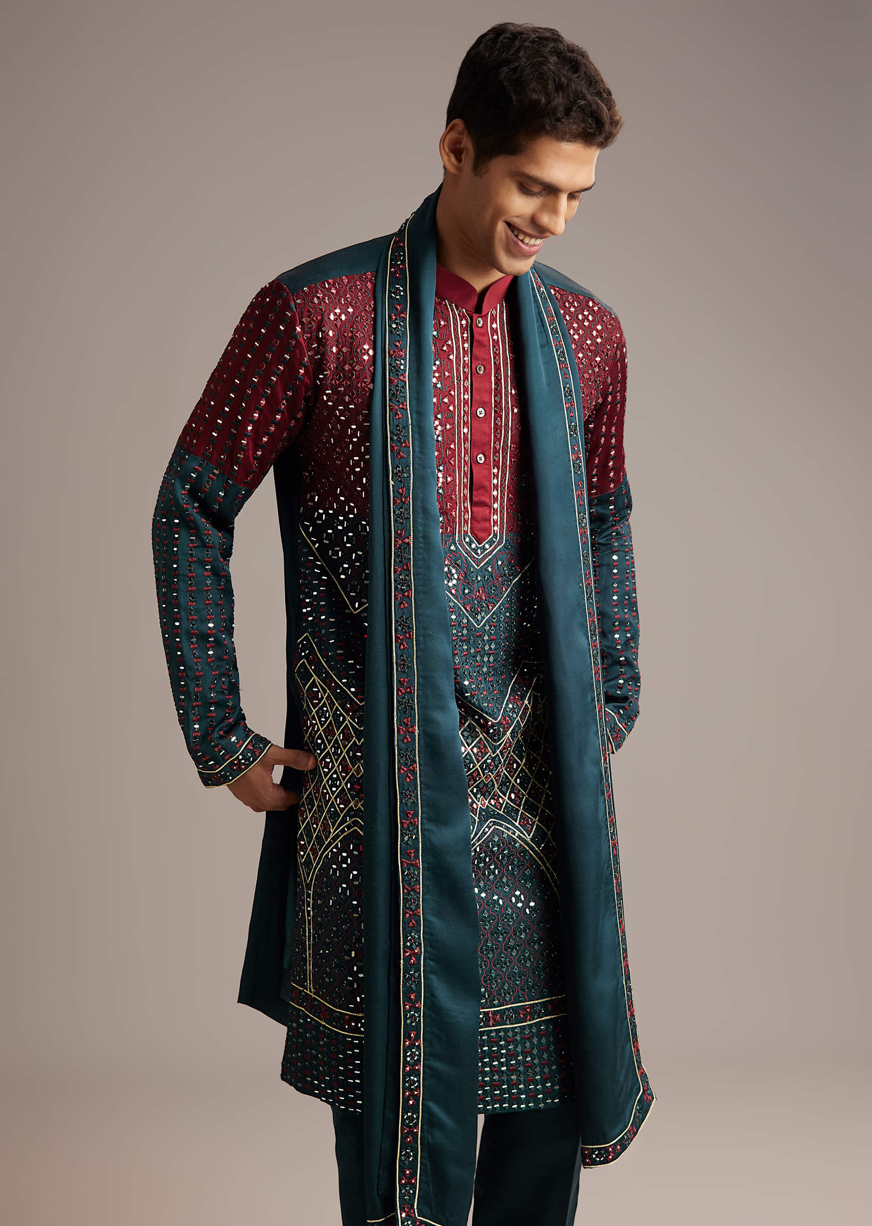 Teal Linen Kurta Set For Men With Mirror Work - Image 4