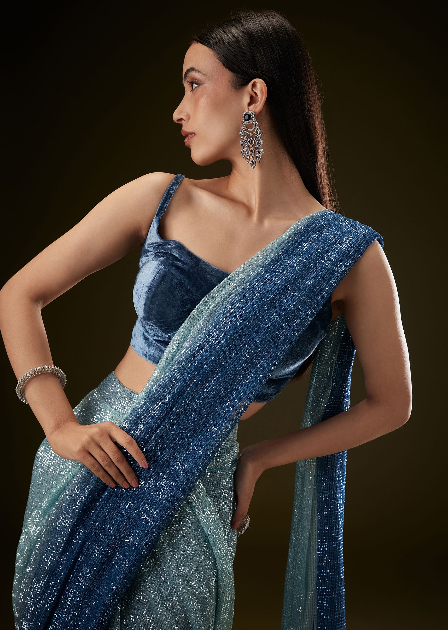 Teal Ombre Sequence Ready To Wear Saree With Velvet Blouse - Image 5