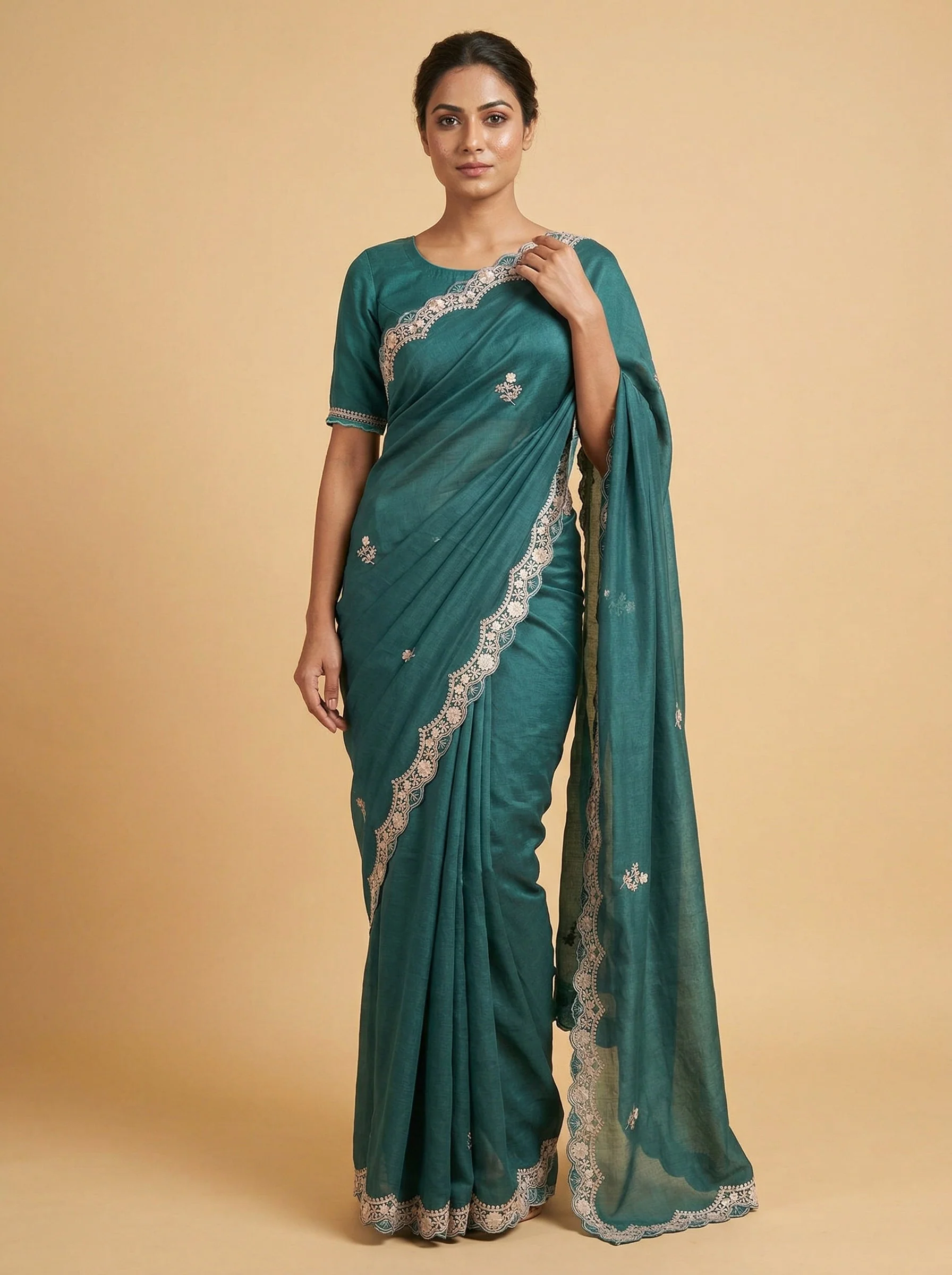 Teal Peacock Blue Embroidered Saree