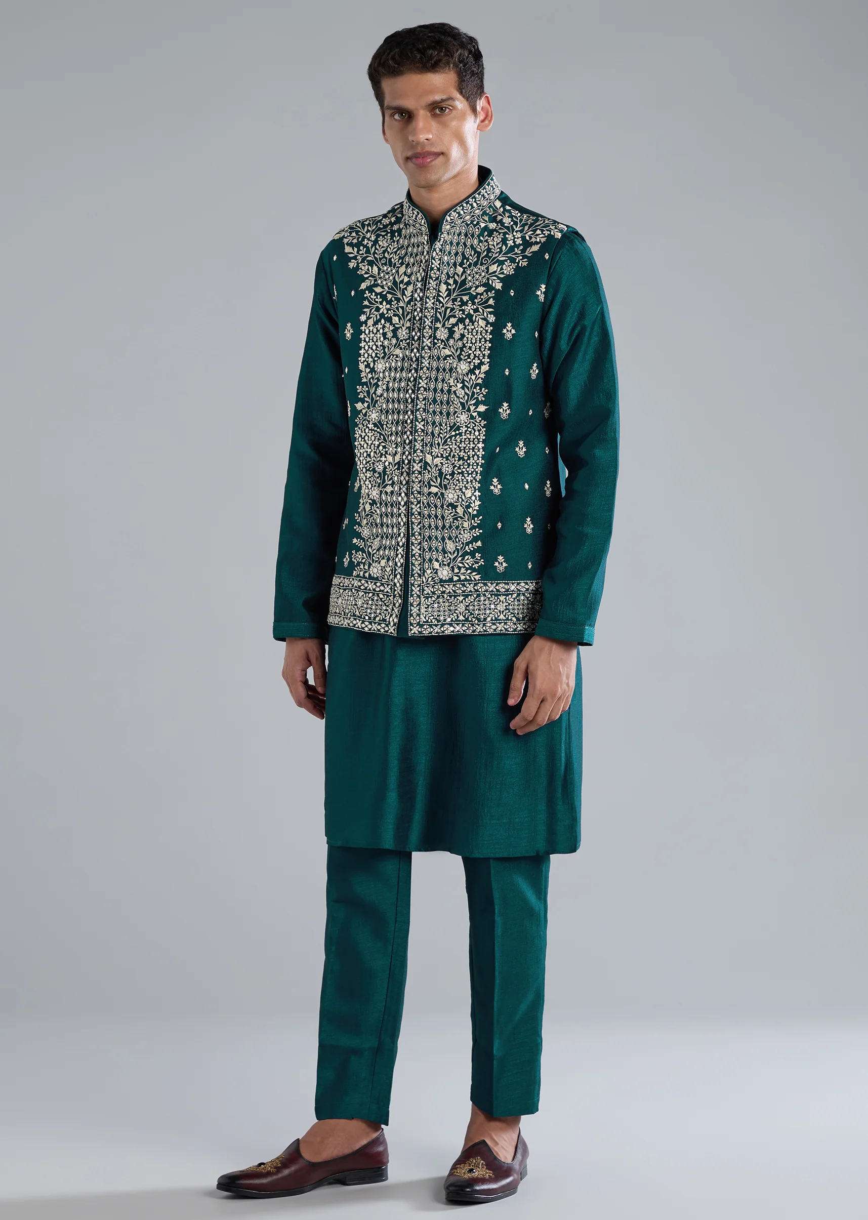 Teal & Peacock Duo — Anarkali Set For Her And Kurta Jacket For Him - Image 9