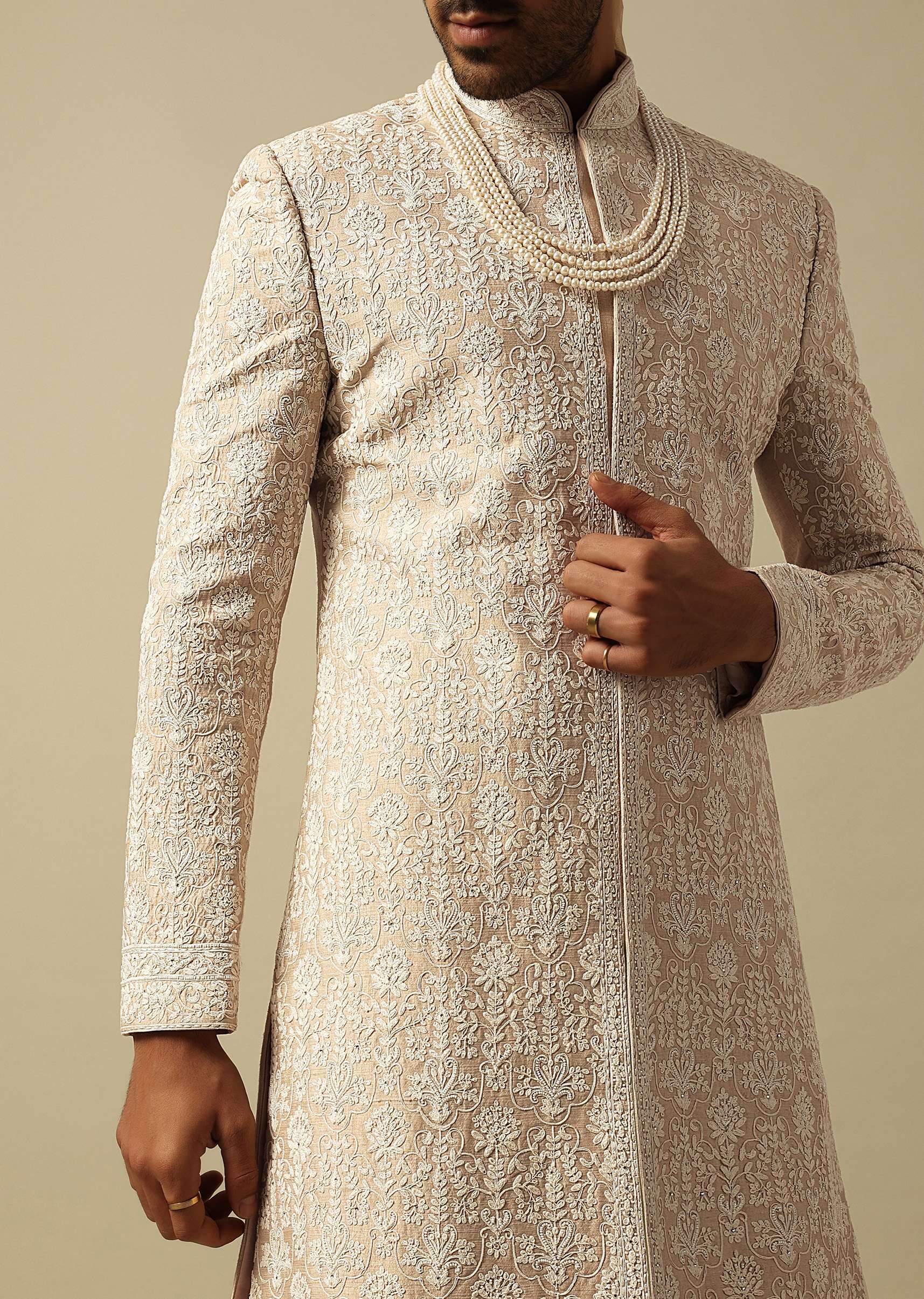 Timeless Beige Banarasi Silk Sherwani - Image 2