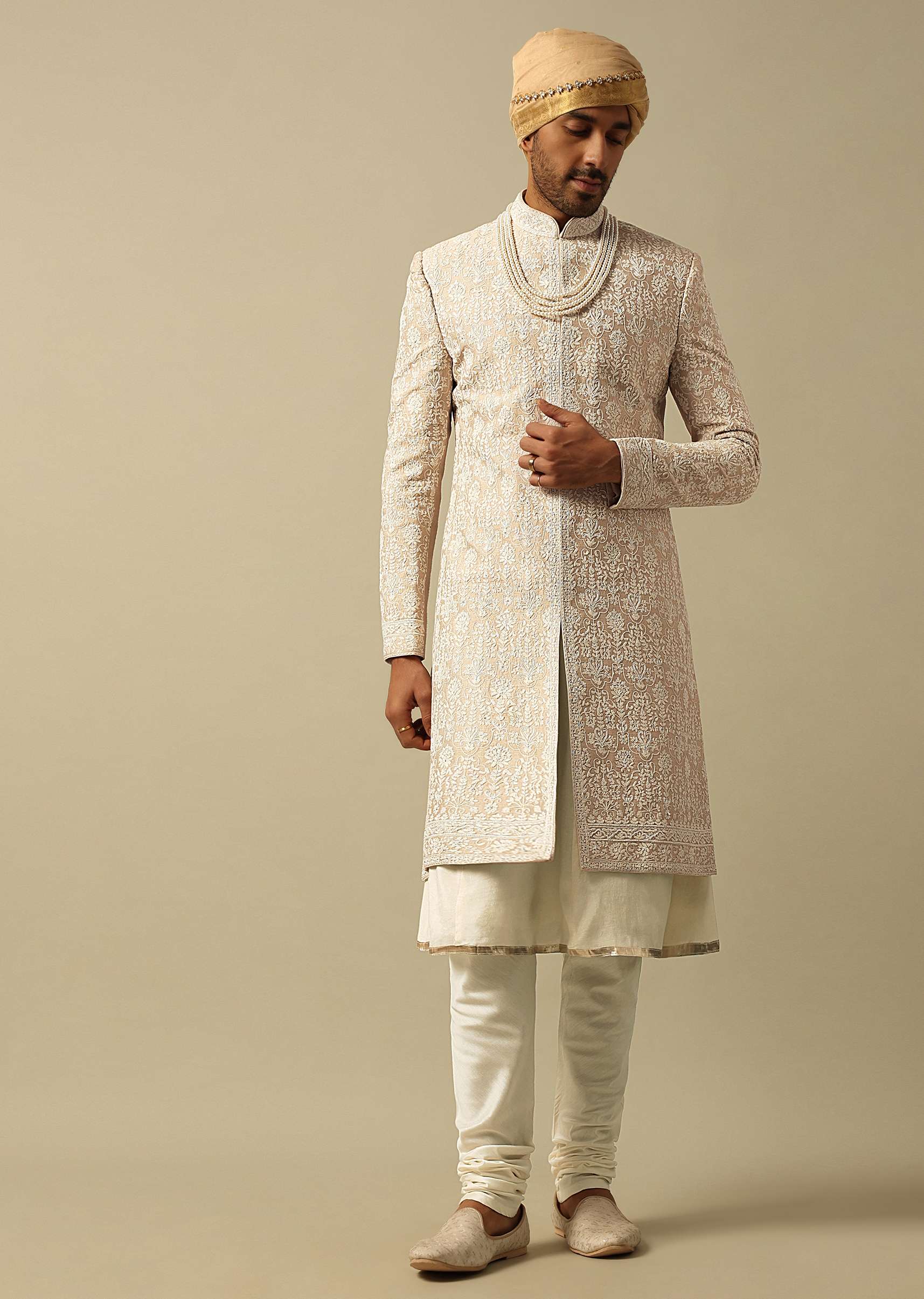 Timeless Beige Banarasi Silk Sherwani - Image 3