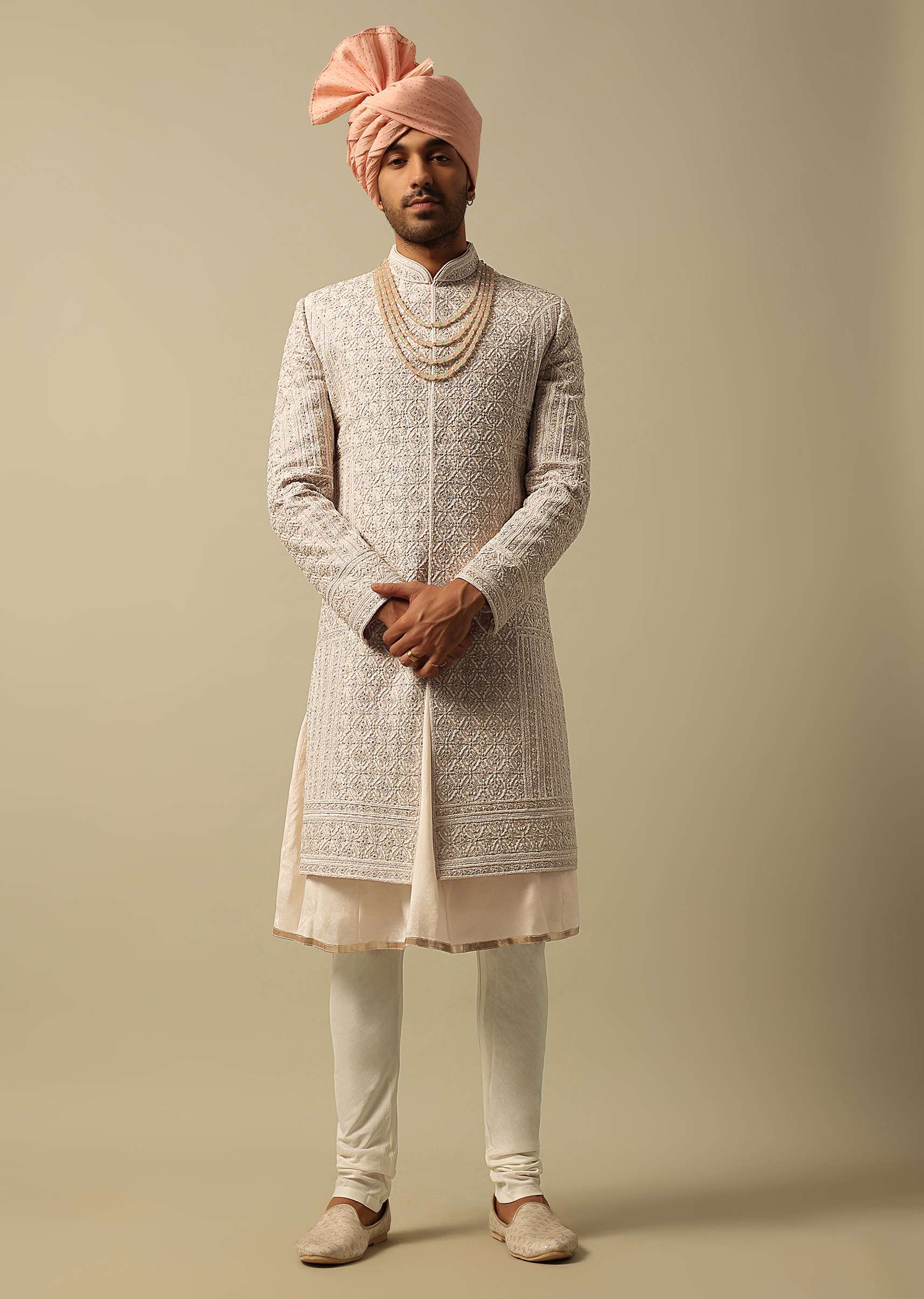 Timeless Peach Raw Silk Sherwani - Image 2