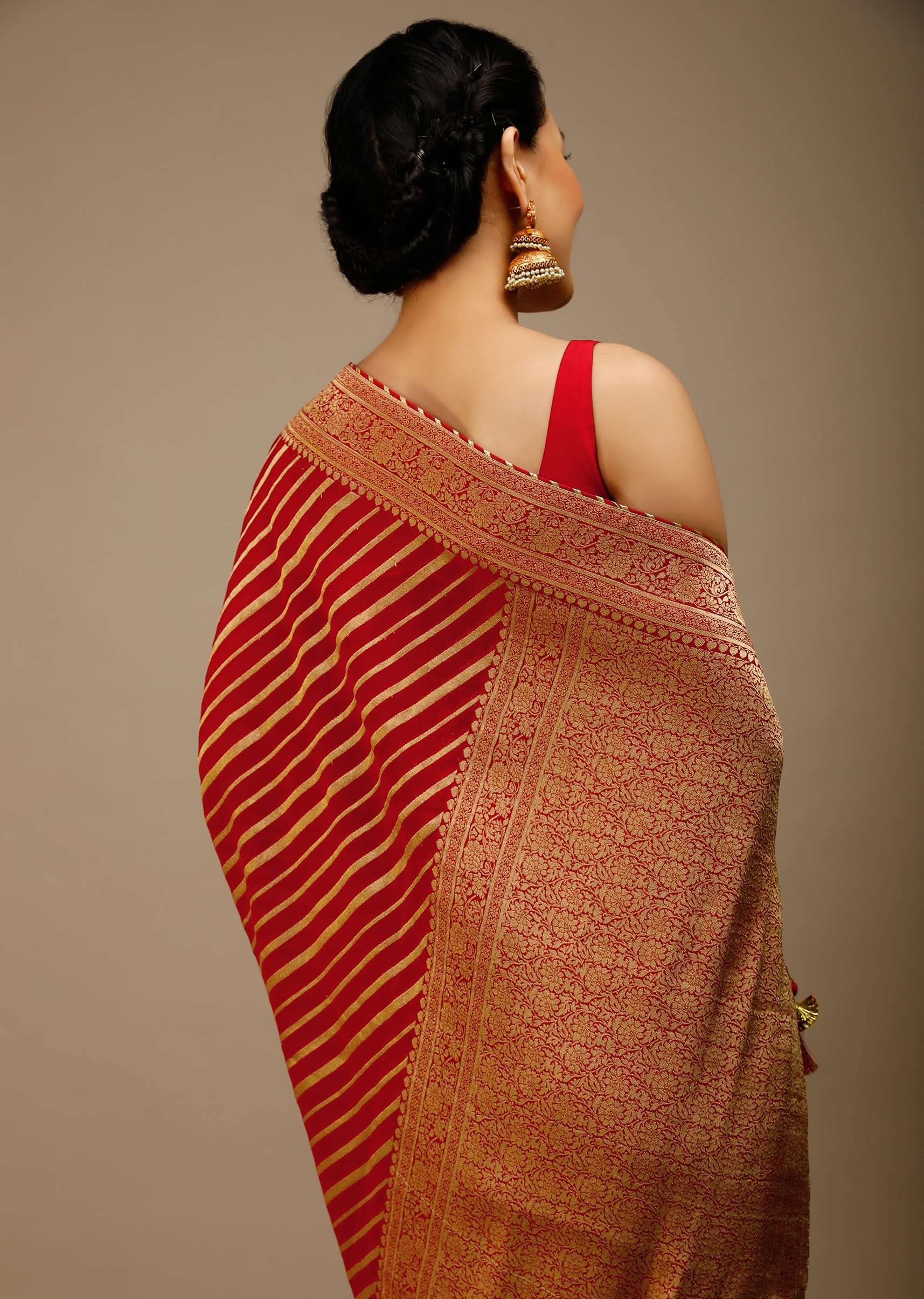 Tomato Red Saree In Georgette With Brocade Woven Diagonal Stripes And Floral Border - Image 6