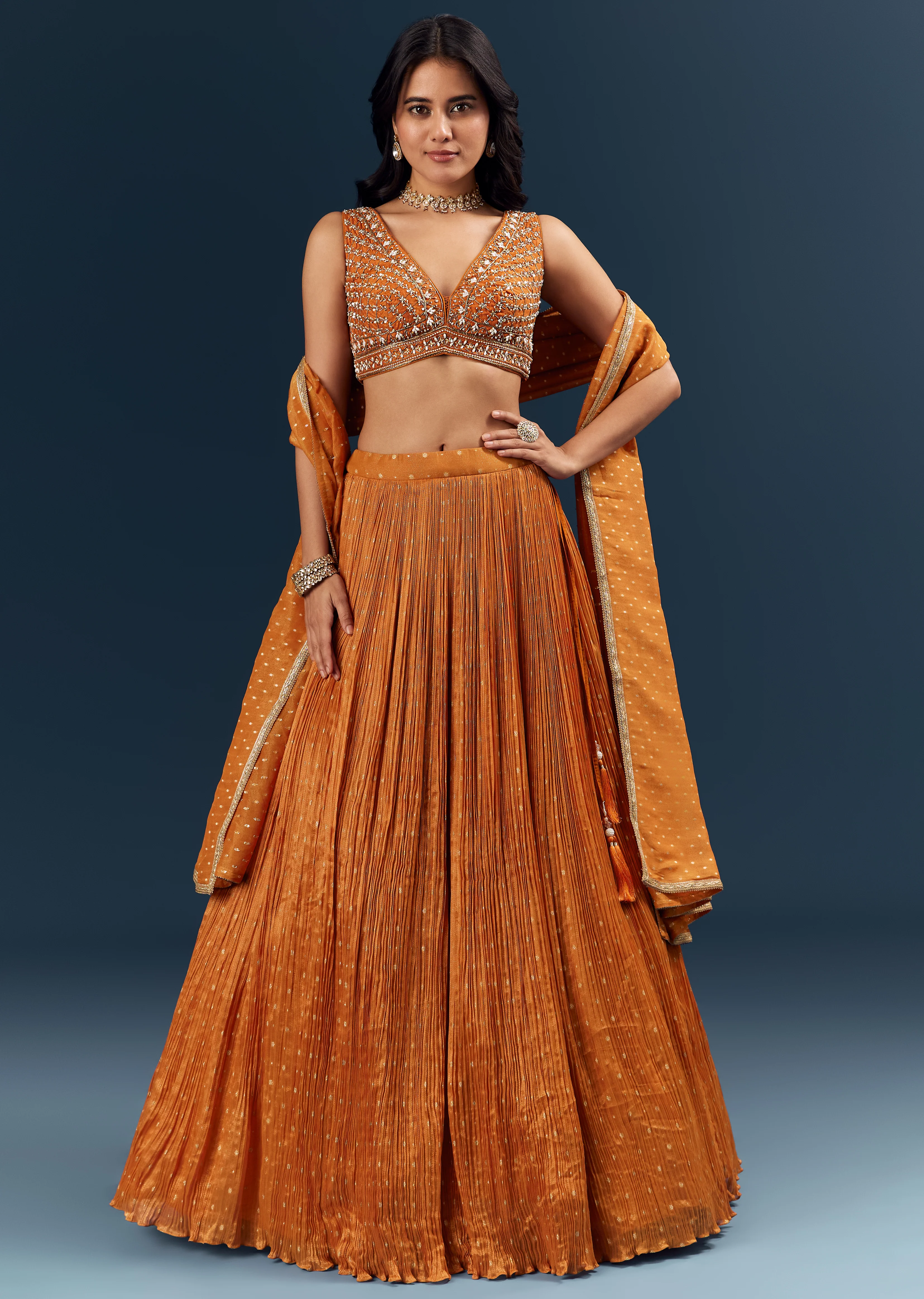 Traditional Luxe Couple Set – Banarasi Silk Lehenga for Her And Velvet Jodhpuri Kurta Set for Him - Image 3