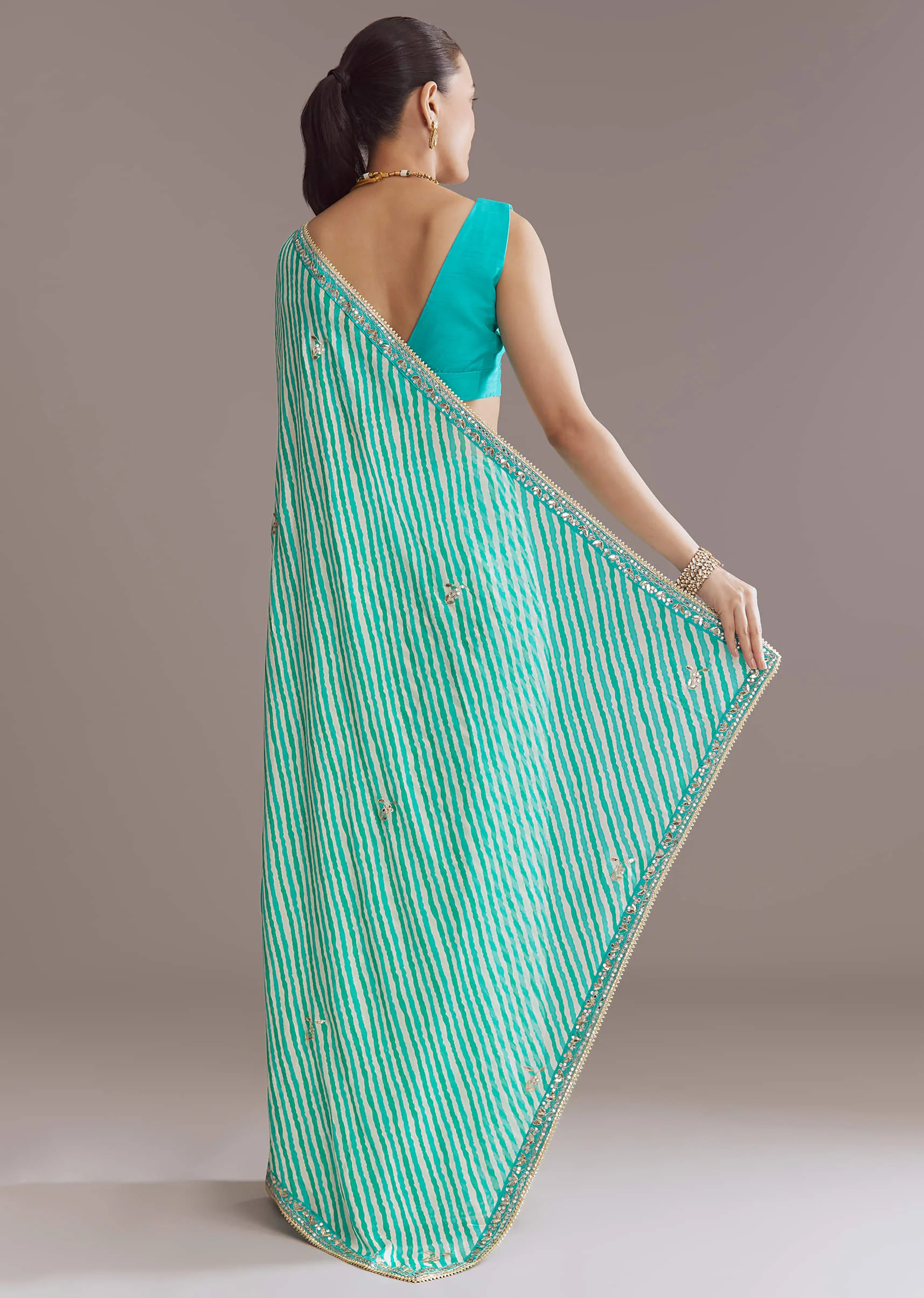 Turquoise Blue Chinon Saree With Leheriya And Gota Work - Image 6