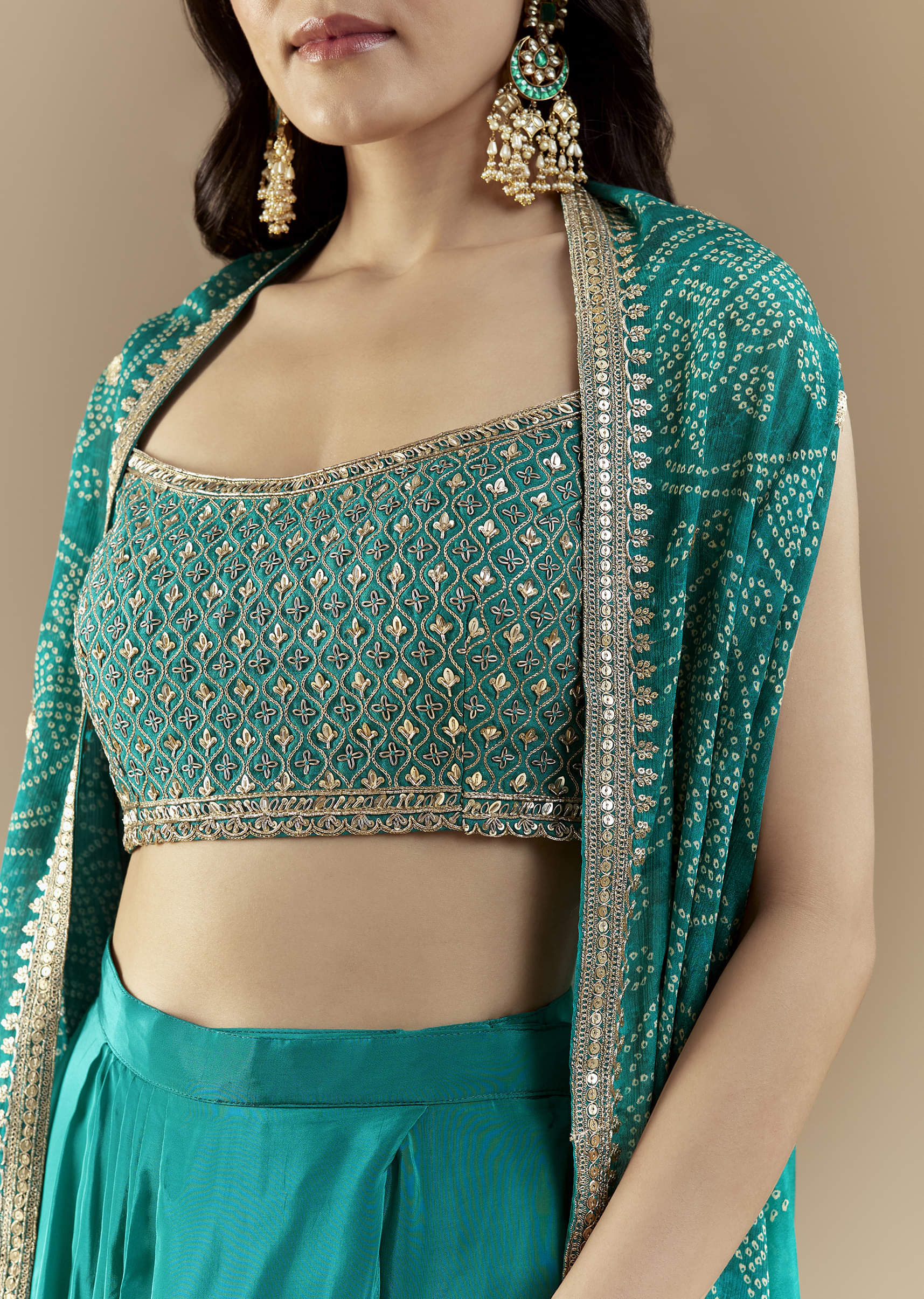 Turquoise Blue Crop Top Skirt Set with Bandhani Cape - Image 2