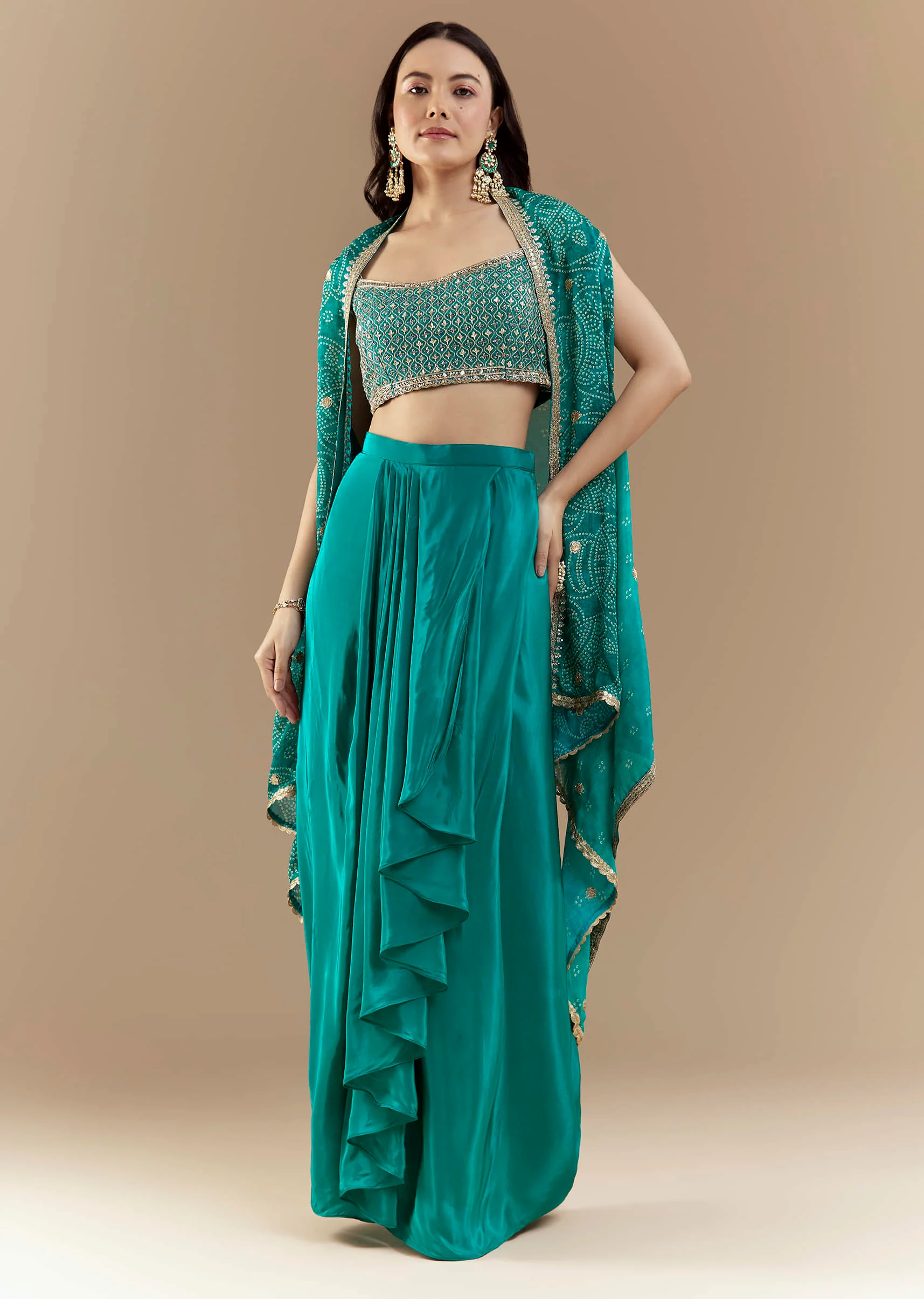 Turquoise Blue Crop Top Skirt Set with Bandhani Cape - Image 3
