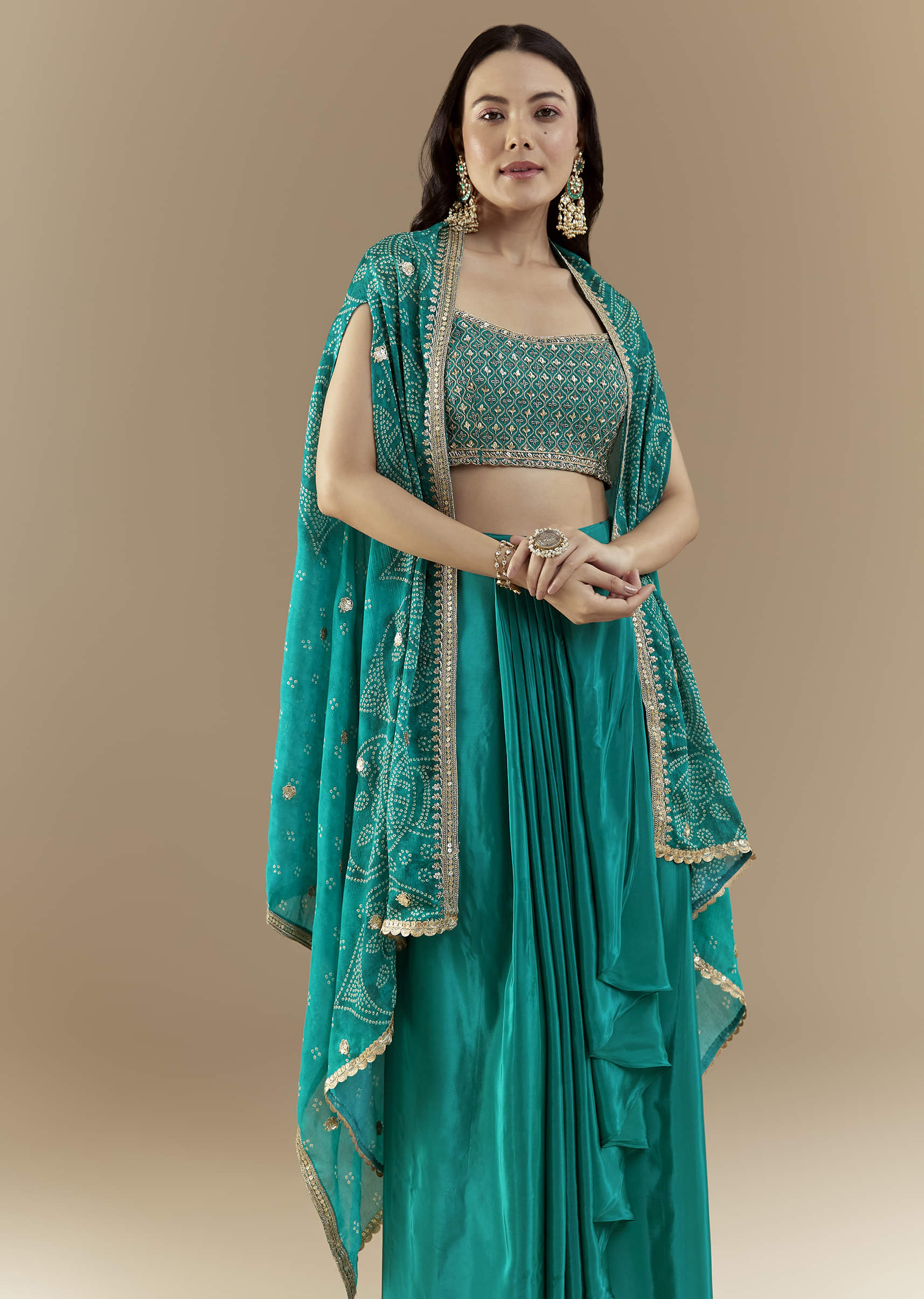 Turquoise Blue Crop Top Skirt Set with Bandhani Cape - Image 4