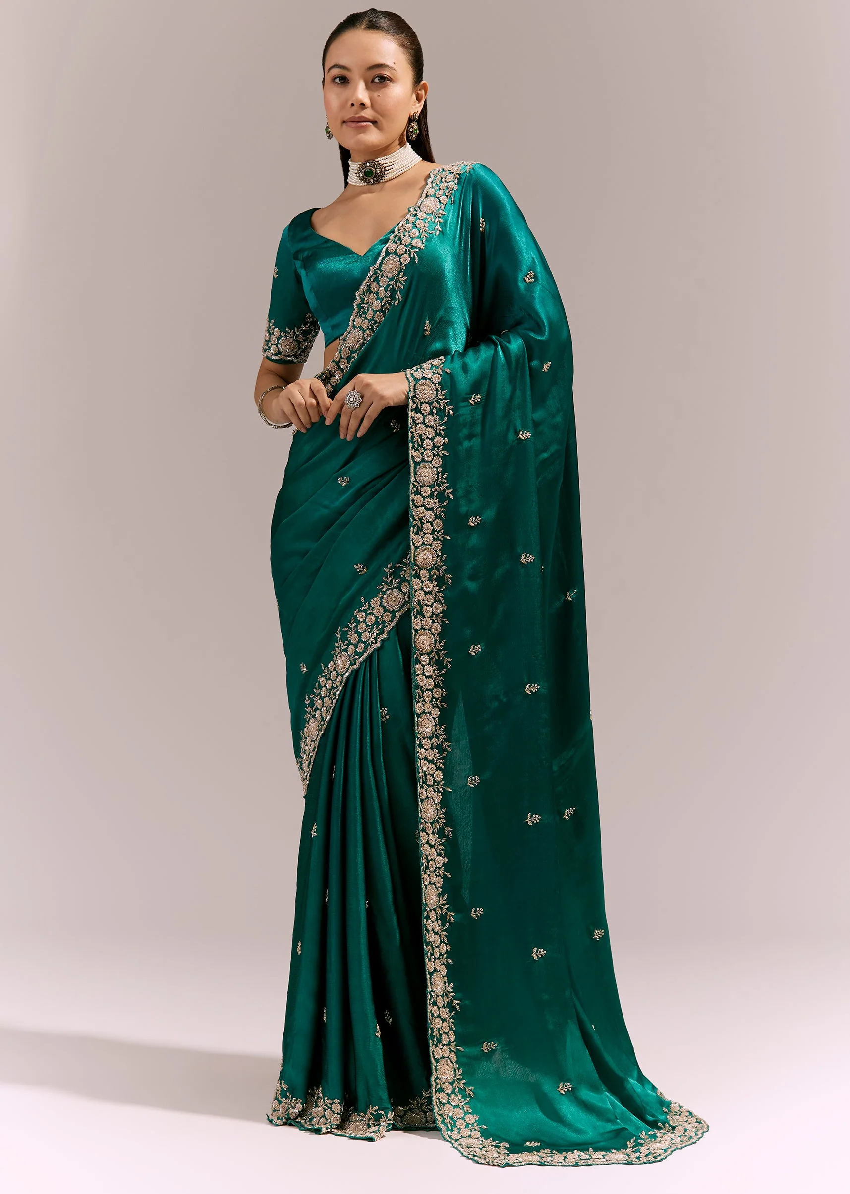 Turquoise Blue Satin Chinon Saree With Cutwork Floral Embroidered Border - Image 3